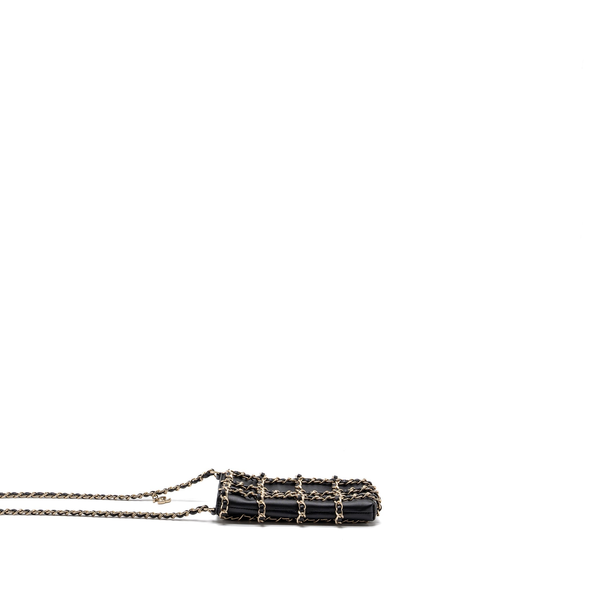 CHANEL GOLD CLUTCH O CHAIN PHONE HOLDER LAMBSKIN BLACK LGHW
