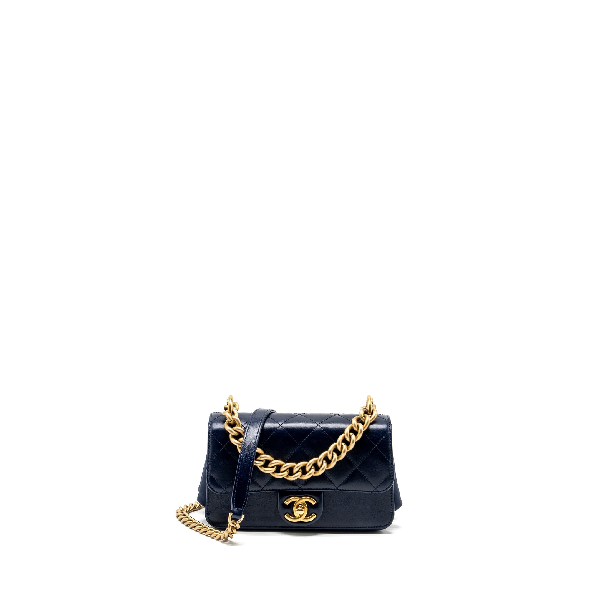 CHANEL QUILTED FLAP BAG WITH CHAIN HANDLE CALFSKIN DARK BLUE GHW