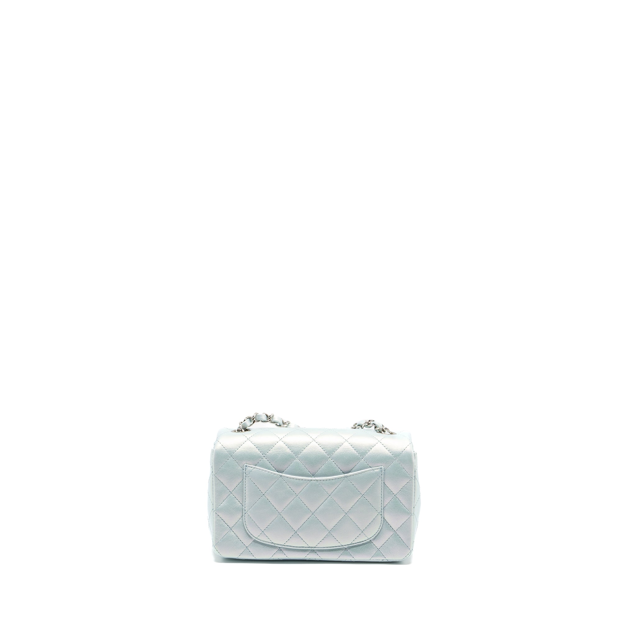 CHANEL 21K MINI RECTANGULAR FLAP BAG CALFSKIN IRIDESCENT LIGHT BLUE SHW (MICROCHIP)