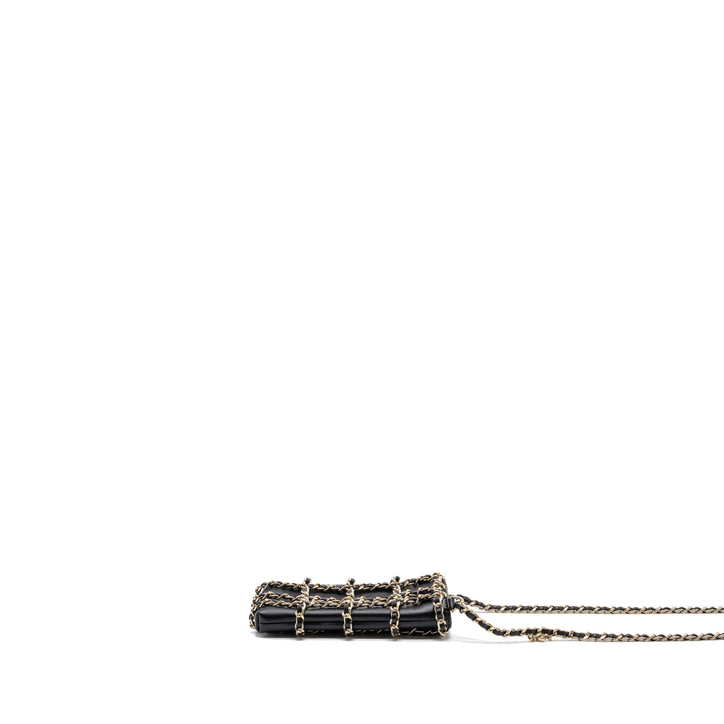 CHANEL GOLD CLUTCH O CHAIN PHONE HOLDER LAMBSKIN BLACK LGHW