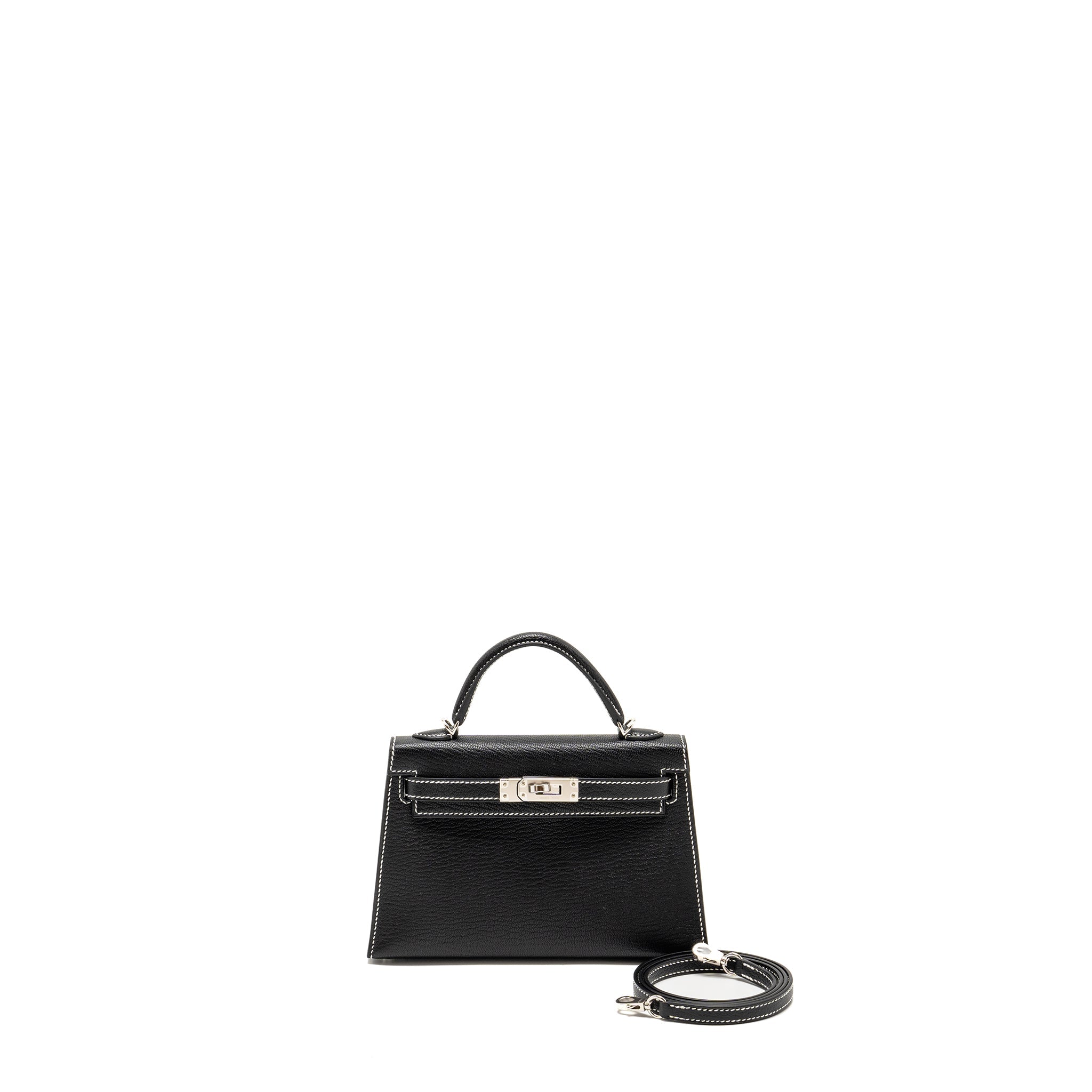 HERMES MINI KELLY II SPECIAL ORDER CHEVRE MYSORE BLACK / GRIS PERLE WHITE STITCHING SHW