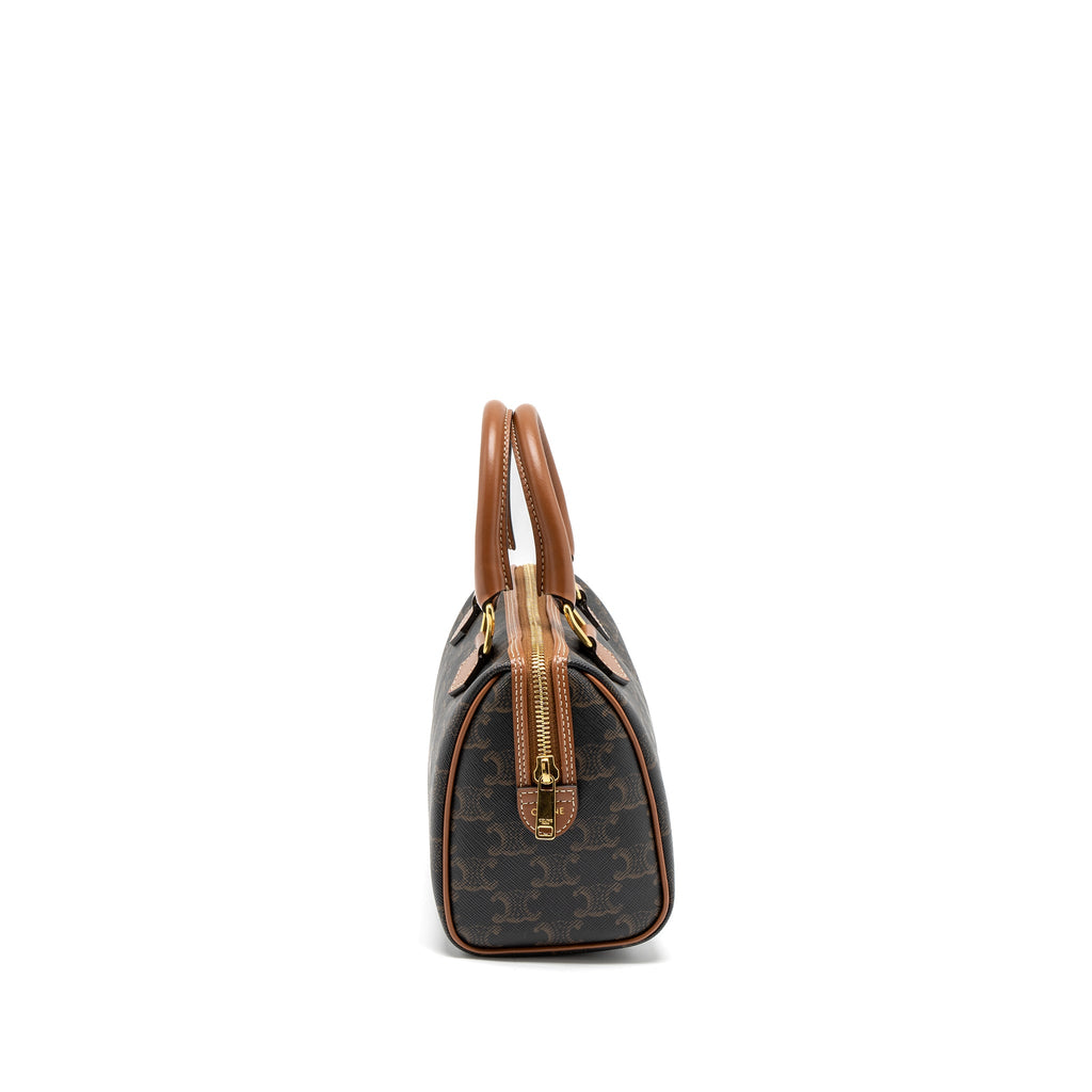 CELINE SMALL BOSTON BAG TRIOMPHE CANVAS/CALFSKIN TAN GHW