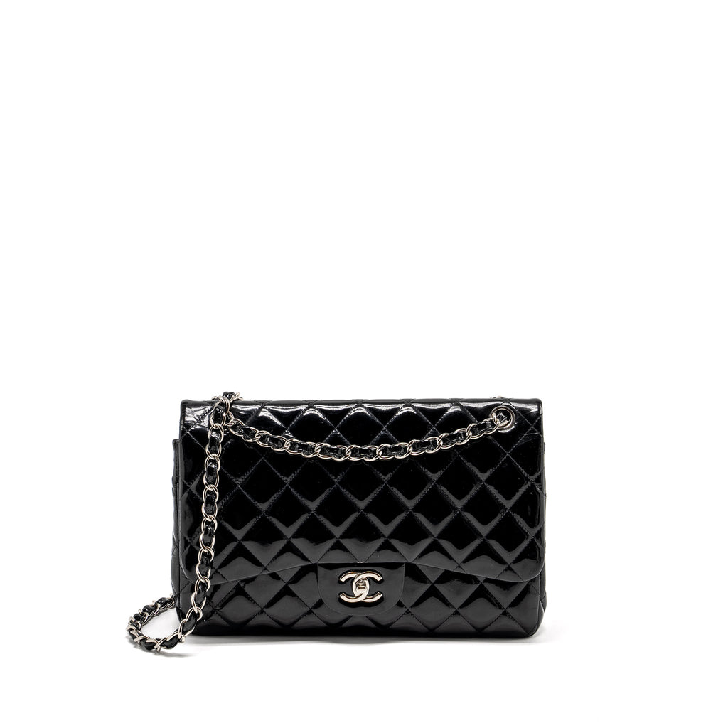 CHANEL JUMBO CLASSIC DOUBLE FLAP BAG PATENT BLACK SHW