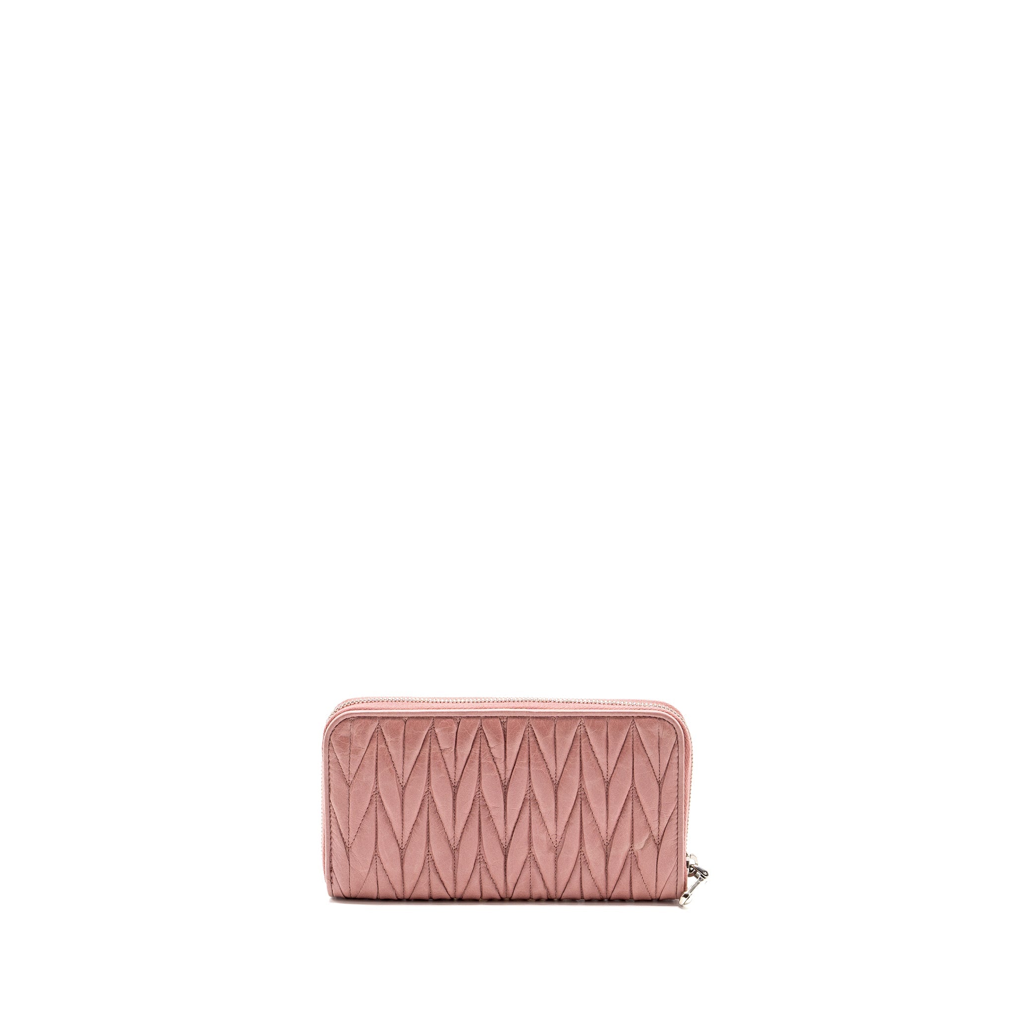 MIU MIU MATELASSE LEATHER ZIP AROUND LONG WALLET PINK SHW