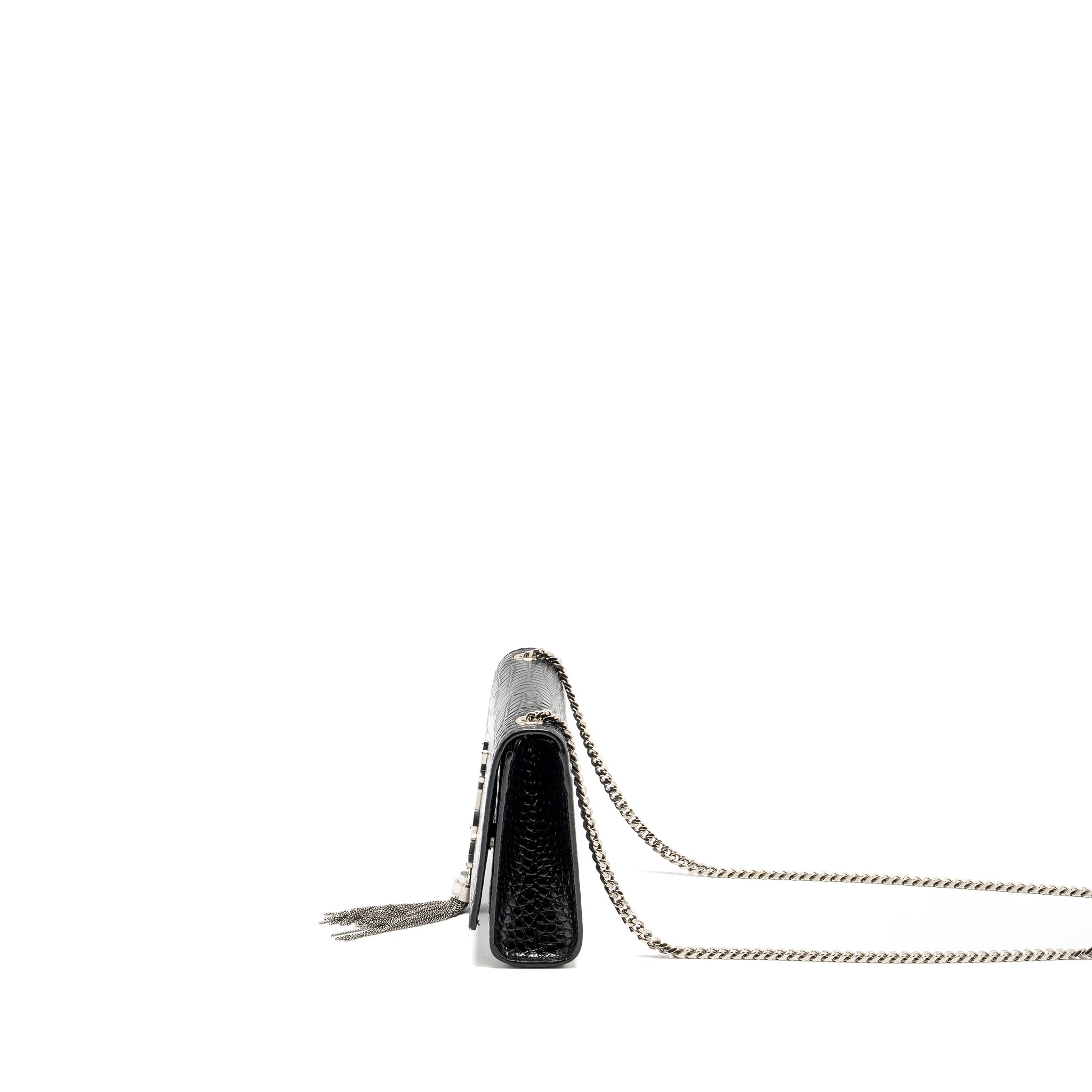 SAINT LAURENT /YSL KATE SMALL CHAIN WALLET WITH TASSEL IN CROCODILE-EMBOSSED BLACK SHW