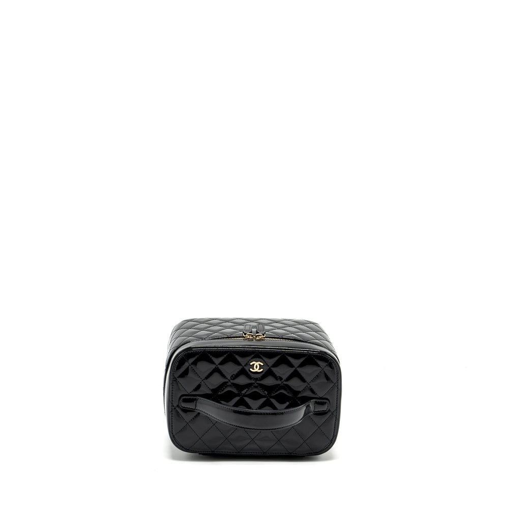 CHANEL TOP HANDLE VANITY CASE PATENT BLACK LGHW