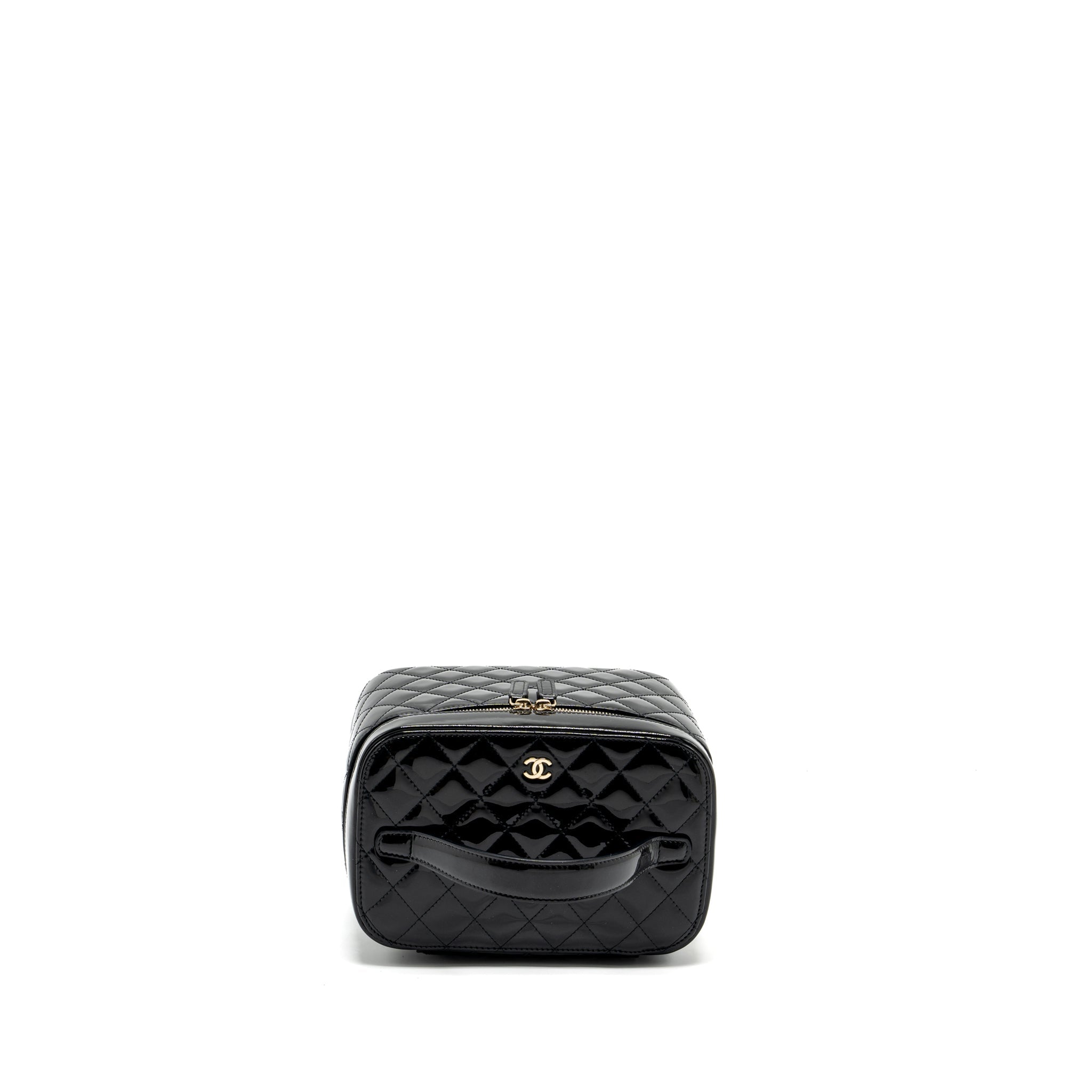 CHANEL TOP HANDLE VANITY CASE PATENT BLACK LGHW