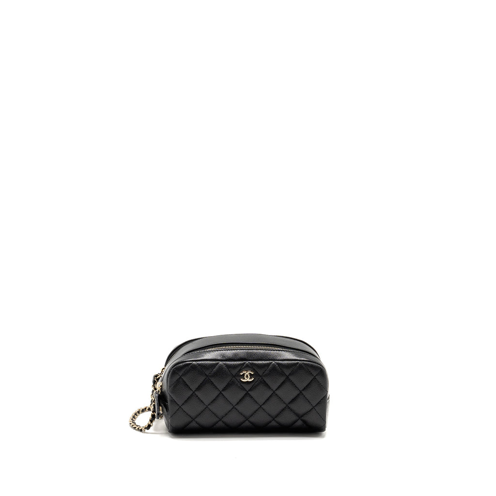 CHANEL DOUBLE ZIP POUCH COSMETIC CASE CAVIAR BLACK GHW (MICROCHIP)