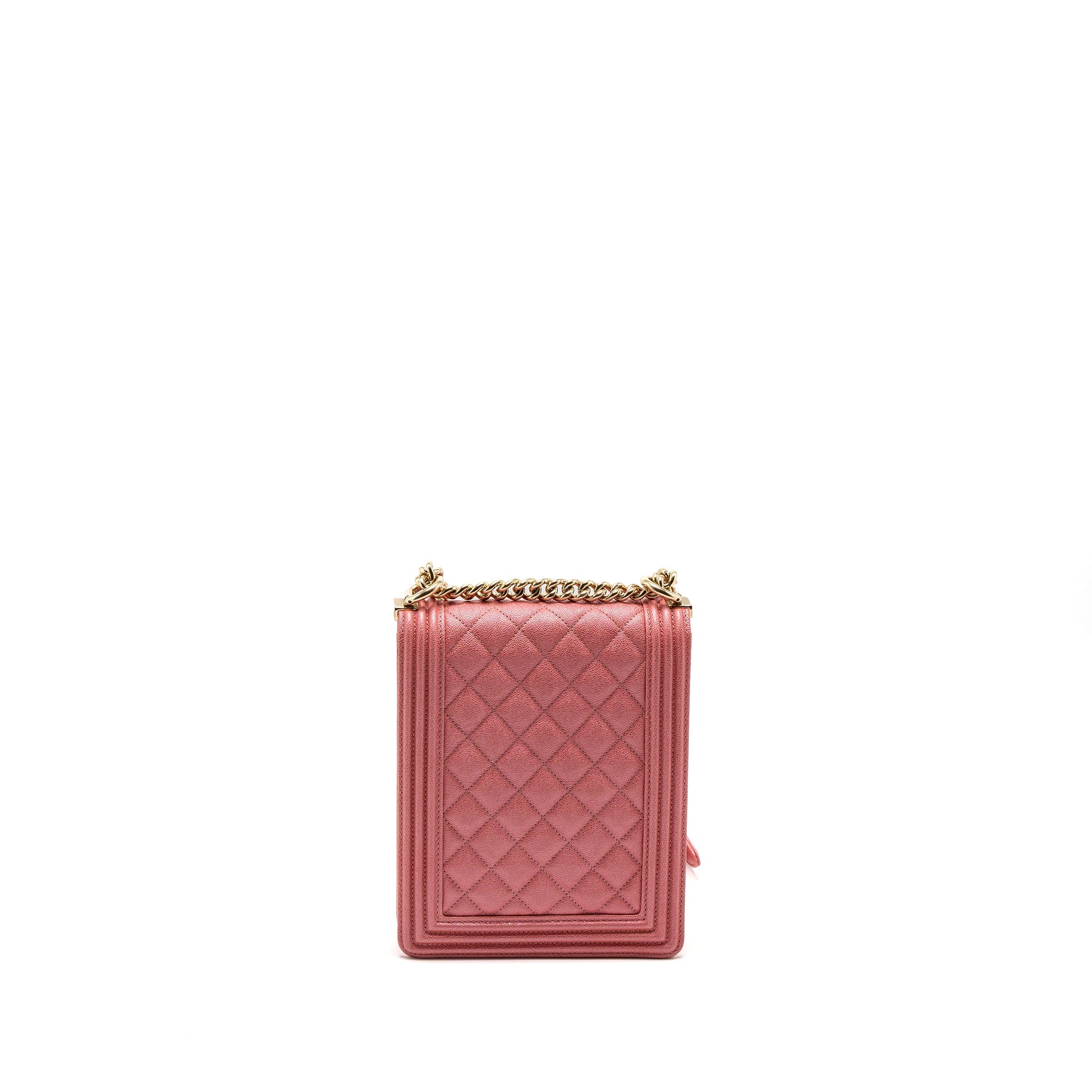 CHANEL VERTICAL BOY BAG METALLIC GRAINED CALFSKIN PINK LGHW