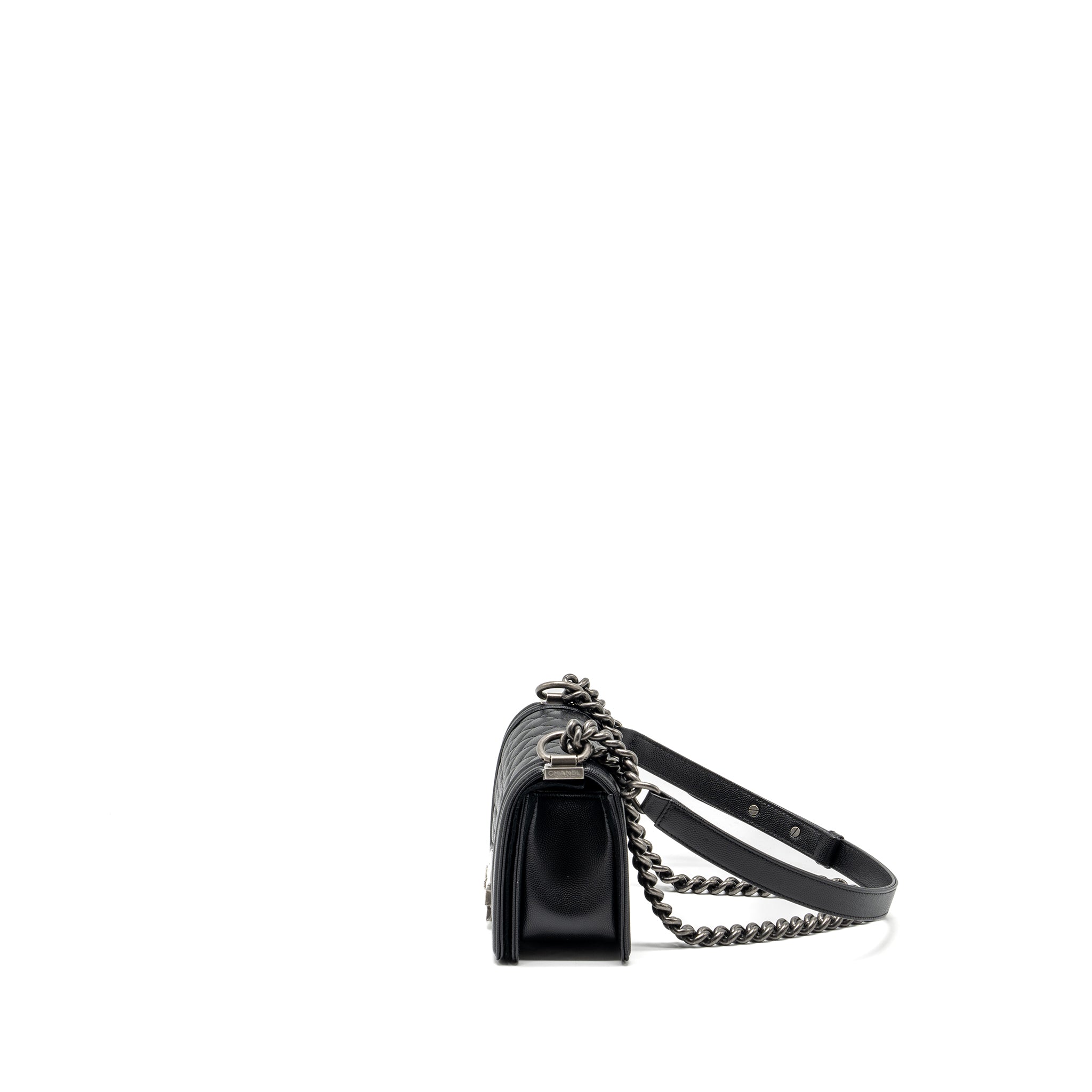 CHANEL SMALL BOY BAG CAVIAR BLACK RUTHENIUM HARDWARE (MICROCHIP)