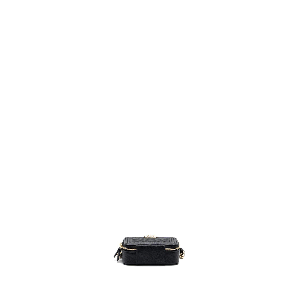 CHANEL BOY ZIPPER CARD HOLDER WITH CHAIN CAVIAR BLACK LGHW