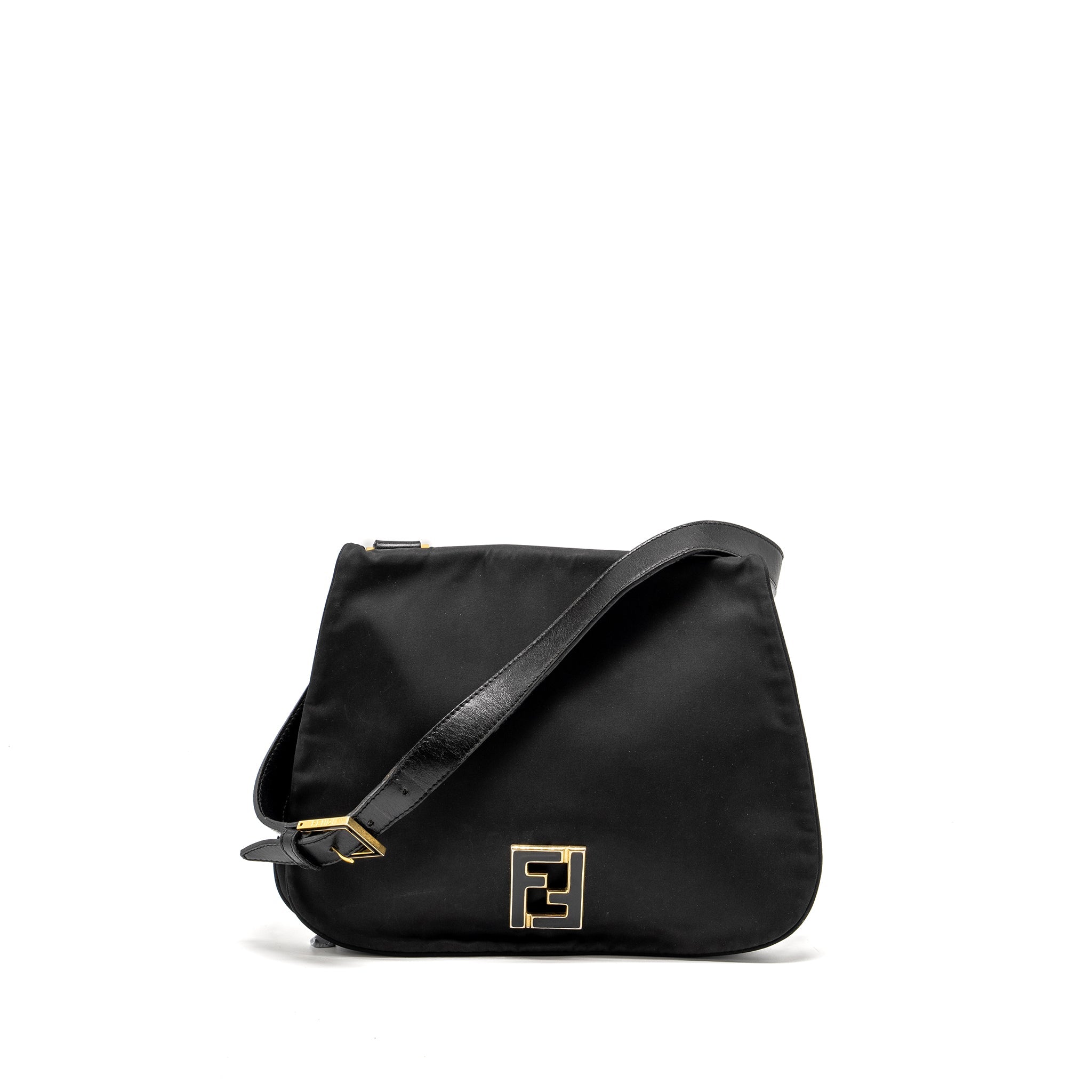FENDI VINTAGE FF FLAP SHOULDER BAG NYLON BLACK GHW