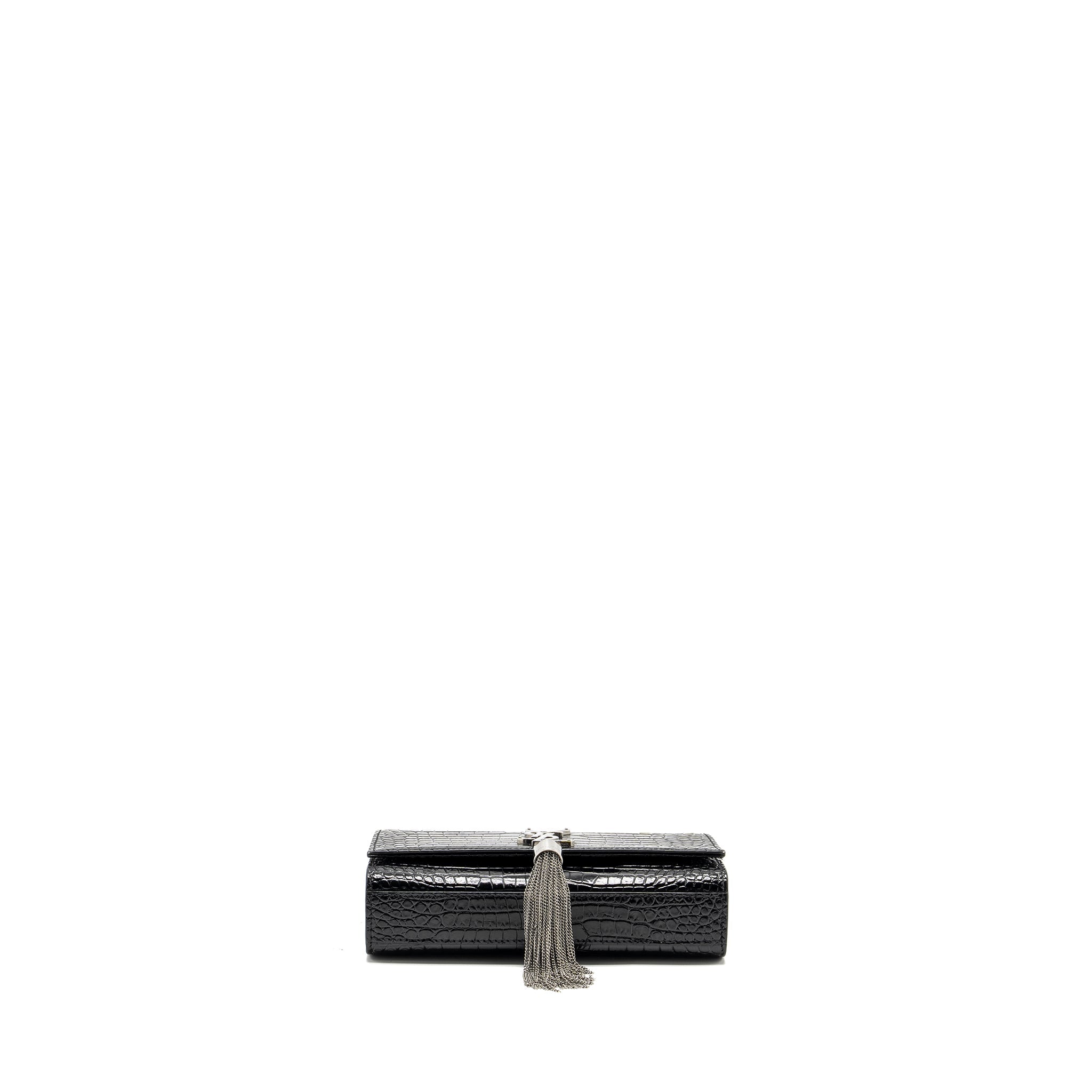 SAINT LAURENT /YSL KATE SMALL CHAIN WALLET WITH TASSEL IN CROCODILE-EMBOSSED BLACK SHW
