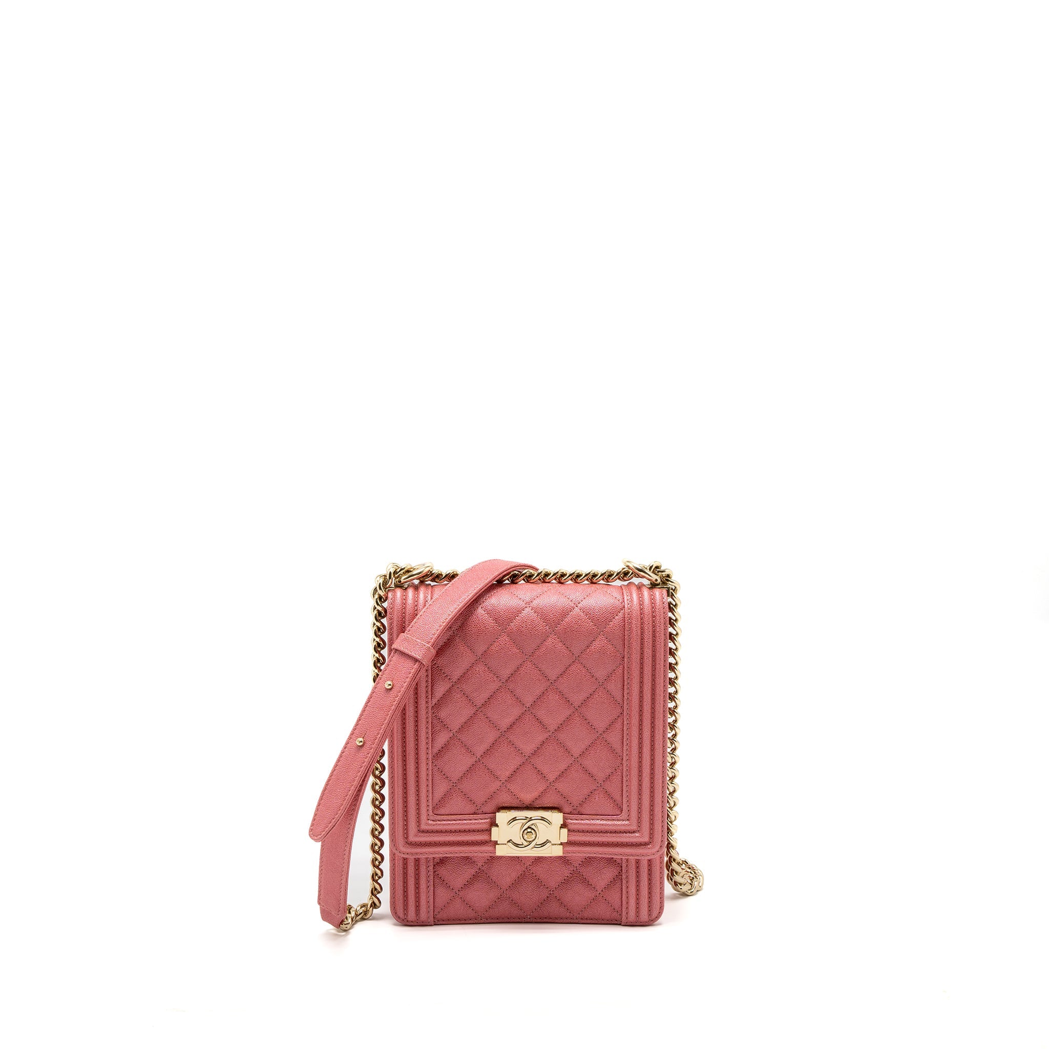 CHANEL VERTICAL BOY BAG METALLIC GRAINED CALFSKIN PINK LGHW