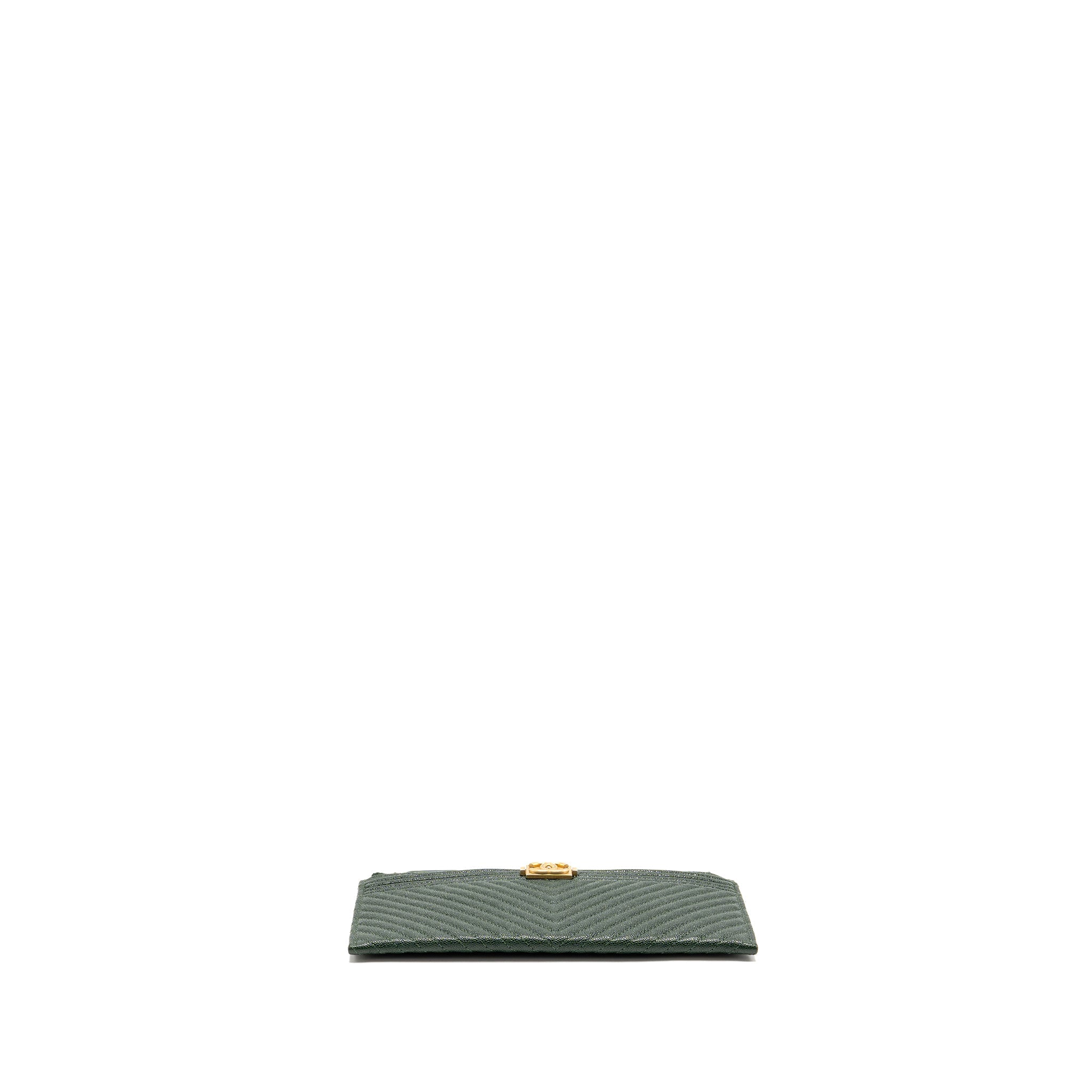 CHANEL CHEVRON BOY ZIP POUCH CAVIAR DARK GREEN GHW