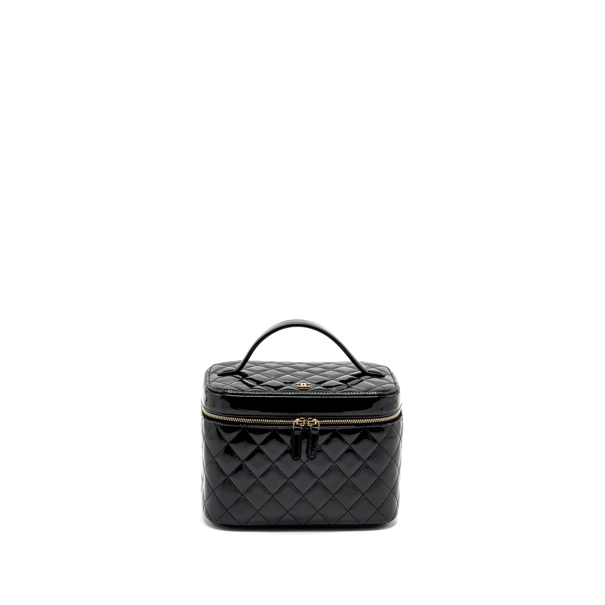 CHANEL TOP HANDLE VANITY CASE PATENT BLACK LGHW