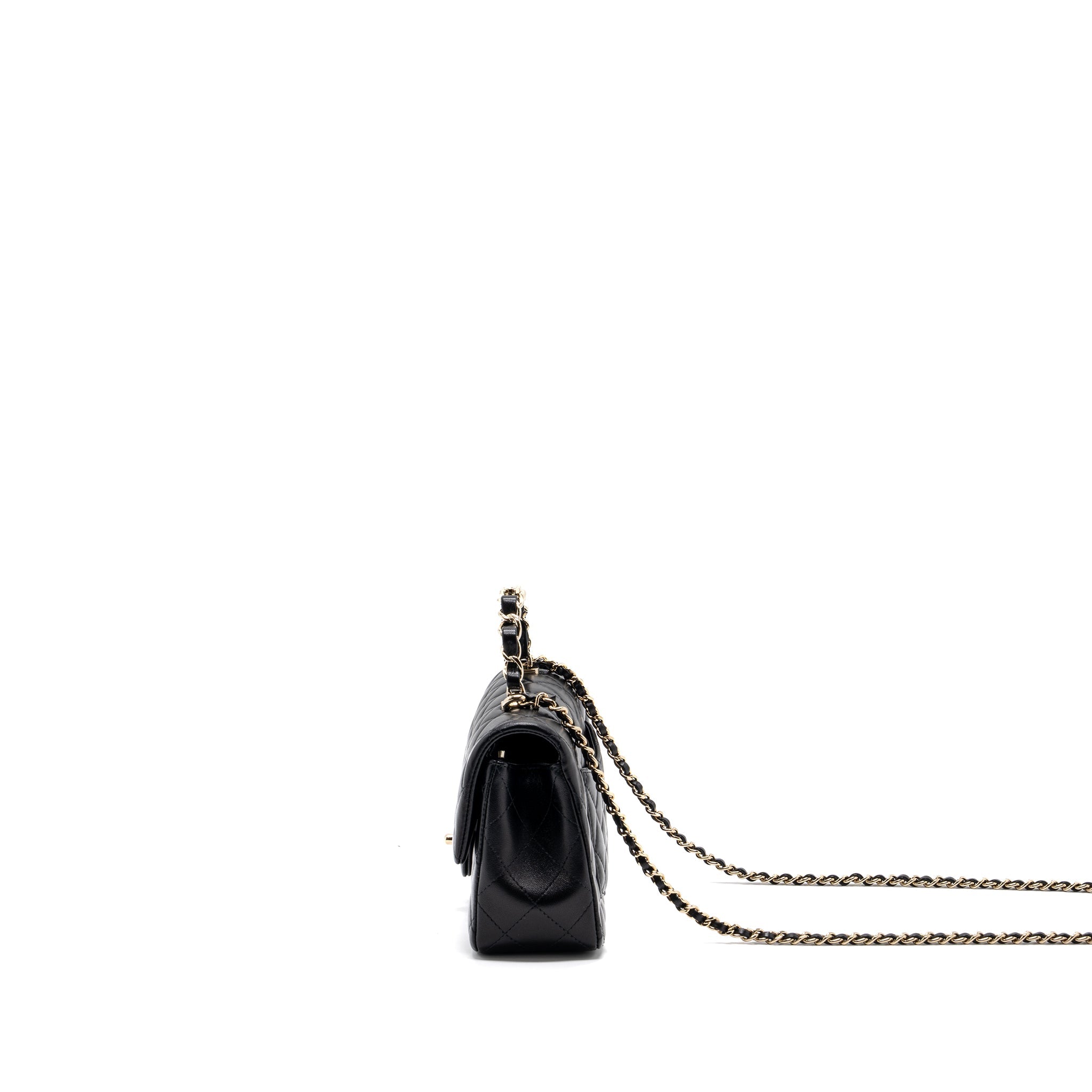 CHANEL 23K LEATHER CHAIN TOP HANDLE MINI RECTANGULAR FLAP BAG LAMBSKIN BLACK LGHW (MICROCHIP)