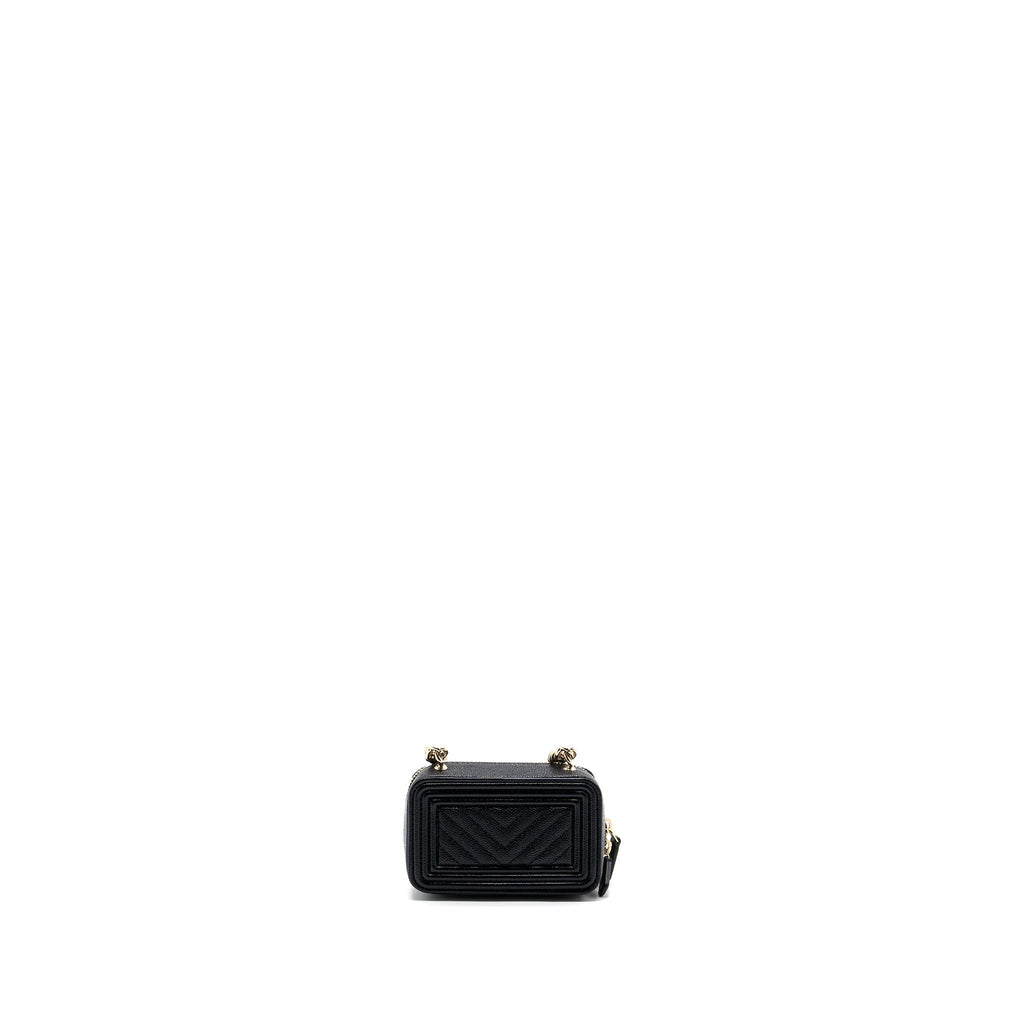 CHANEL BOY ZIPPER CARD HOLDER WITH CHAIN CAVIAR BLACK LGHW