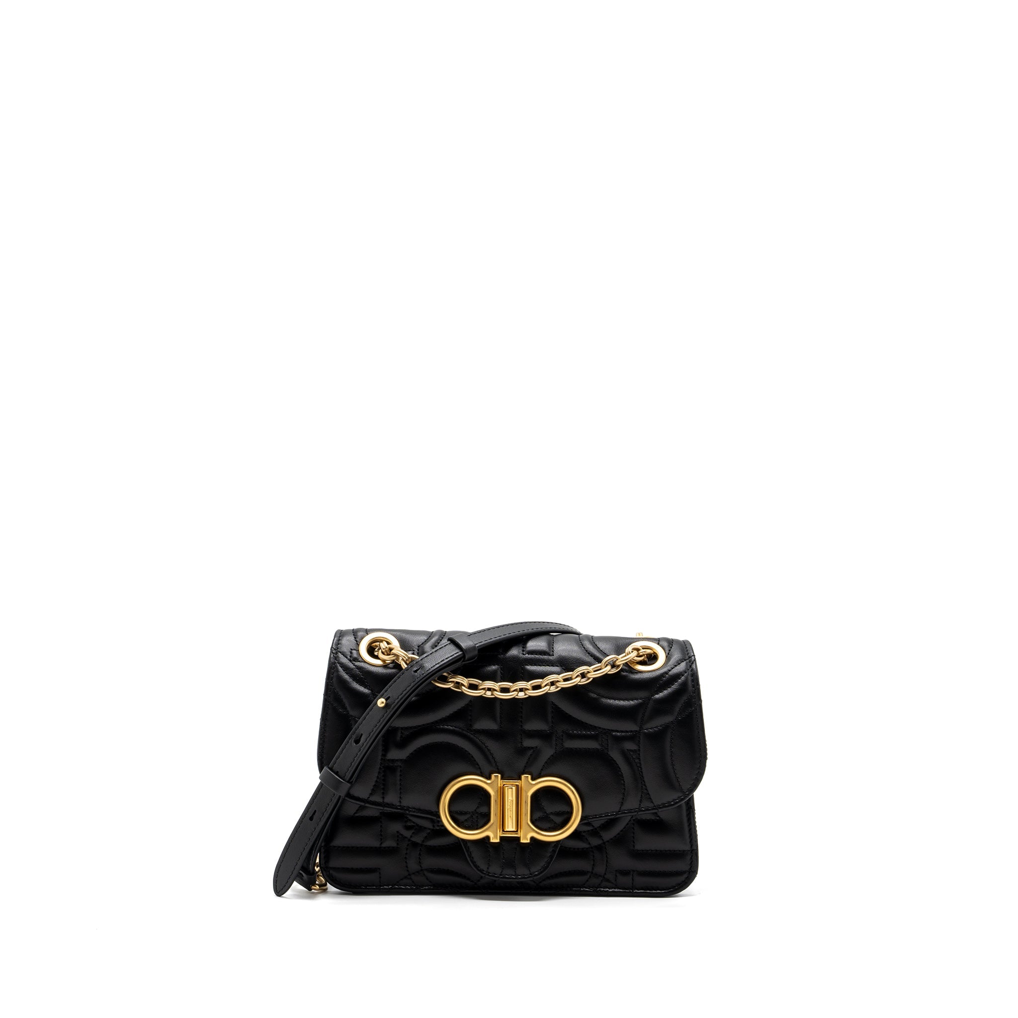 SALVATORE FERRAGAMO GLANCING QUILTED LEATHER SHOULDER BAG CALFSKIN BLACK GHW