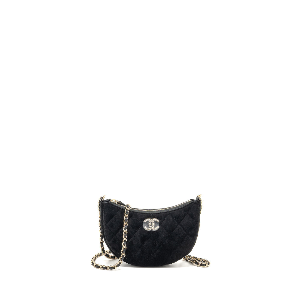 CHANEL QUILTED CRYSTAL MINI HOBO CROSSBODY BAG VELVET BLACK LGHW (MICROCHIP)