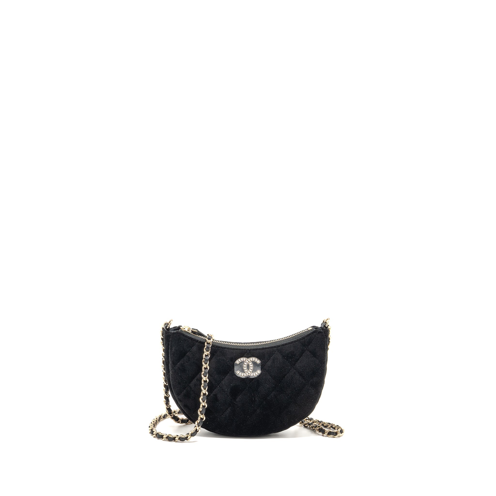 CHANEL QUILTED CRYSTAL MINI HOBO CROSSBODY BAG VELVET BLACK LGHW (MICROCHIP)