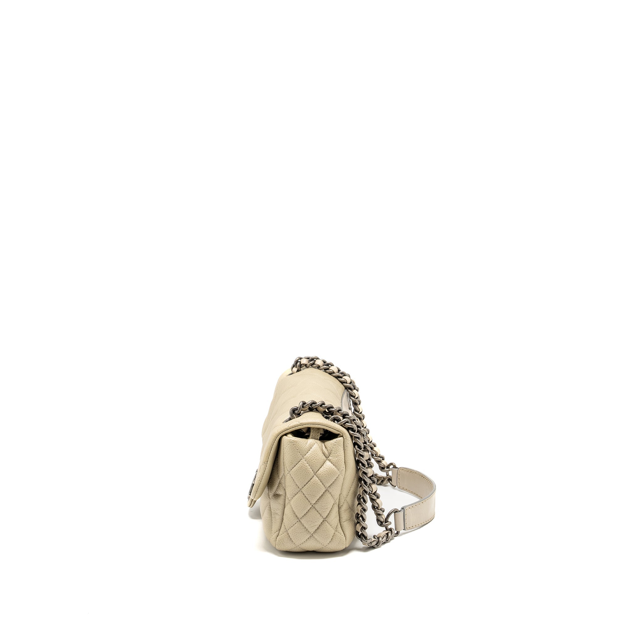 CHANEL QUILTED FLAP SHOULDER BAG CAVIAR LIGHT BEIGE RUTHENIUM SHW