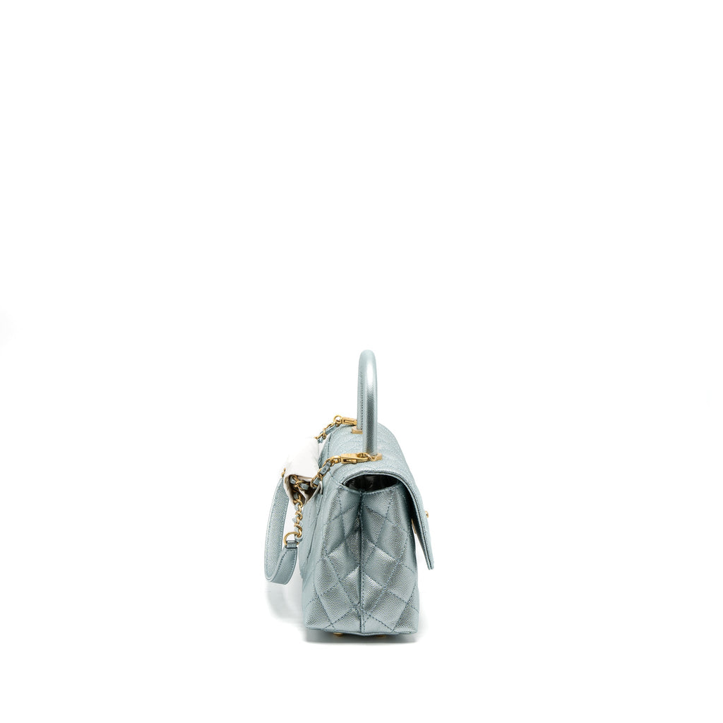 CHANEL SMALL COCO HANDLE CAVIAR METALLIC LIGHT BLUE BRUSHED GHW (MICROCHIP)