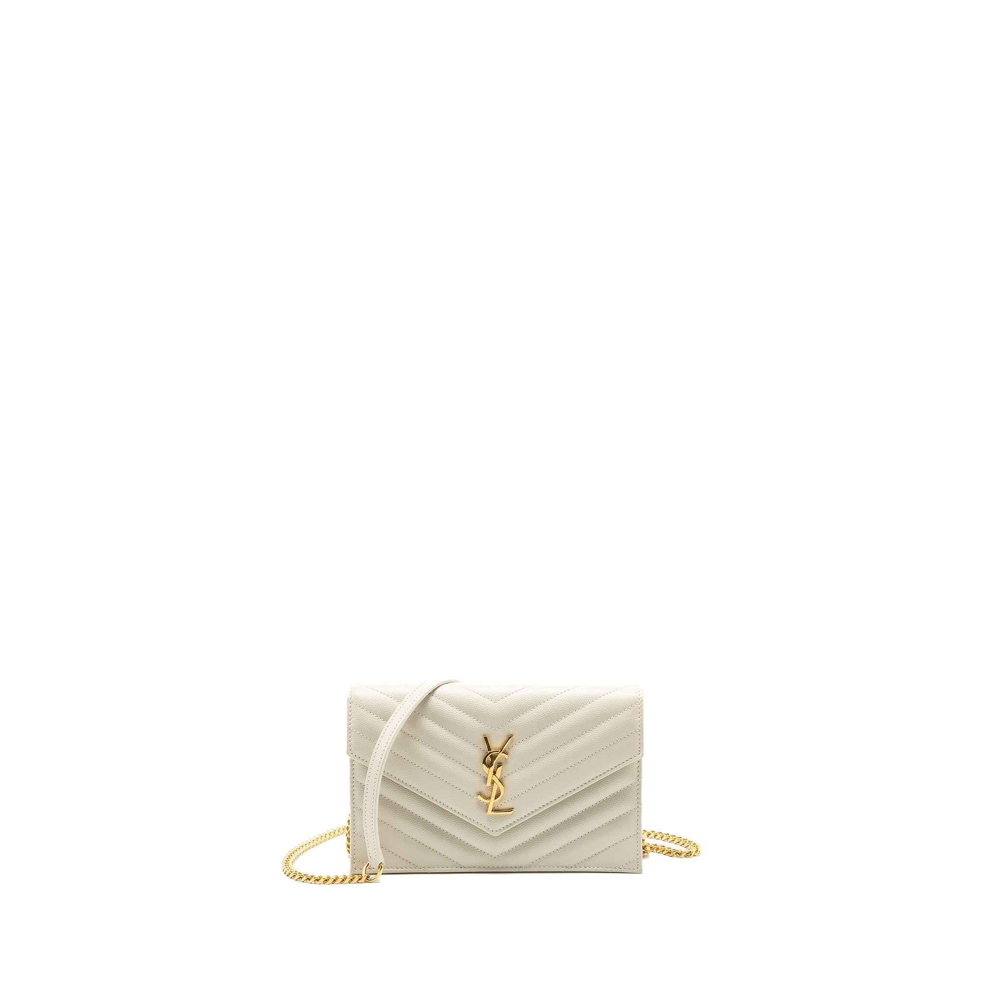SAINT LAURENT ENVELOPE CHAIN WALLET GRAINED CALFSKIN CREAM SOFT GHW