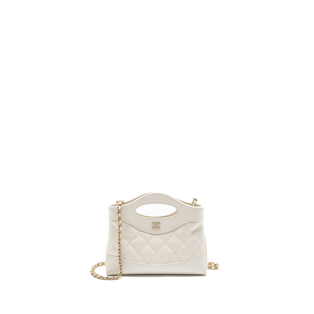 CHANEL MINI 31 CLUTCH WITH CHAIN SHINY CALFSKIN WHITE LGHW (MICROCHIP)