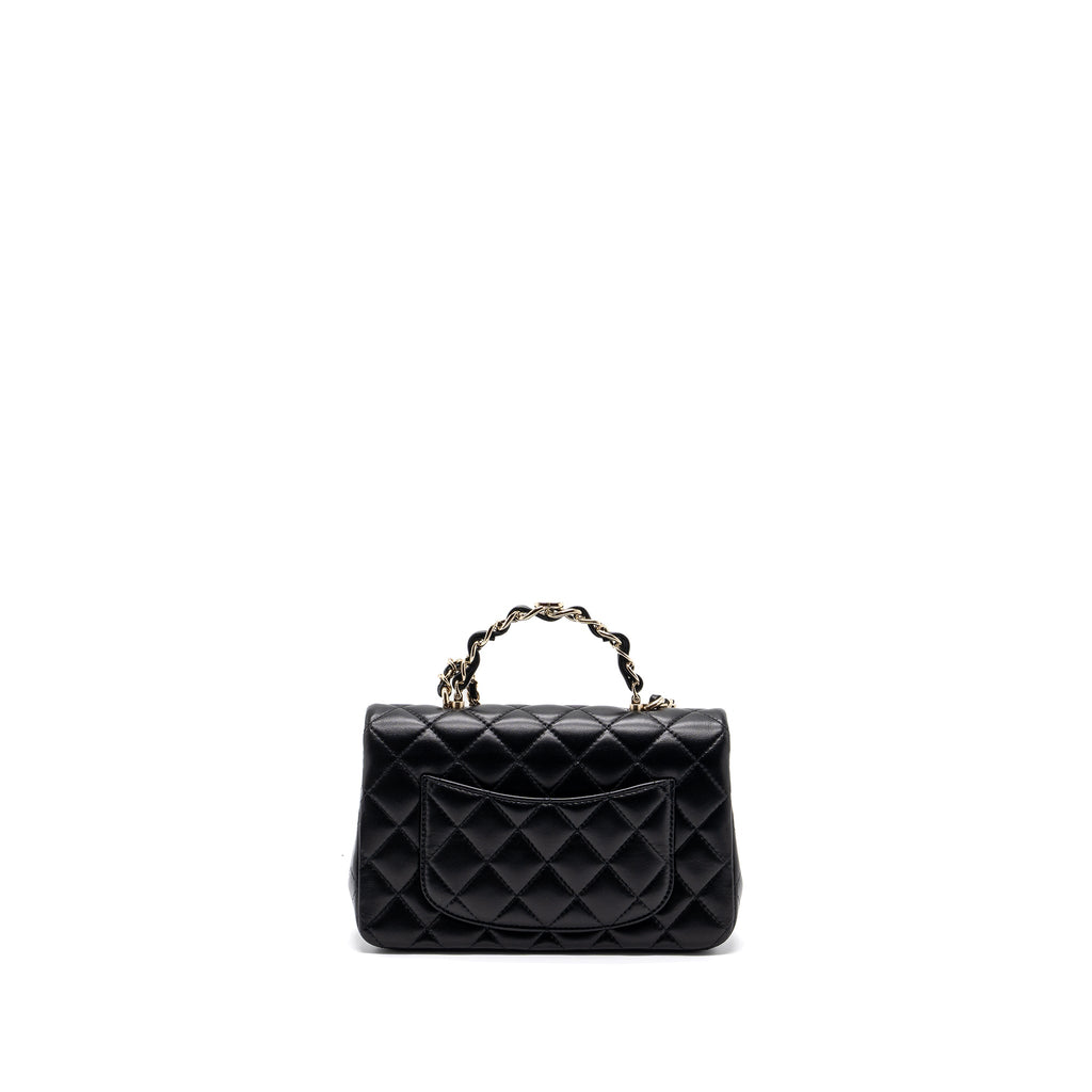 CHANEL 23K LEATHER CHAIN TOP HANDLE MINI RECTANGULAR FLAP BAG LAMBSKIN BLACK LGHW (MICROCHIP)