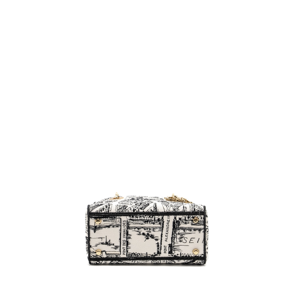 DIOR MEDIUM LADY D-LITE BAG PLAN DE PARIS EMBROIDERY CANVAS BLACK/WHITE LGHW