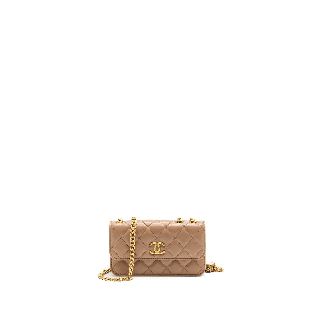 CHANEL 22K GOLD PILLAR MINI FLAP BAG LAMBSKIN DARK BEIGE GHW (MICROCHIP)