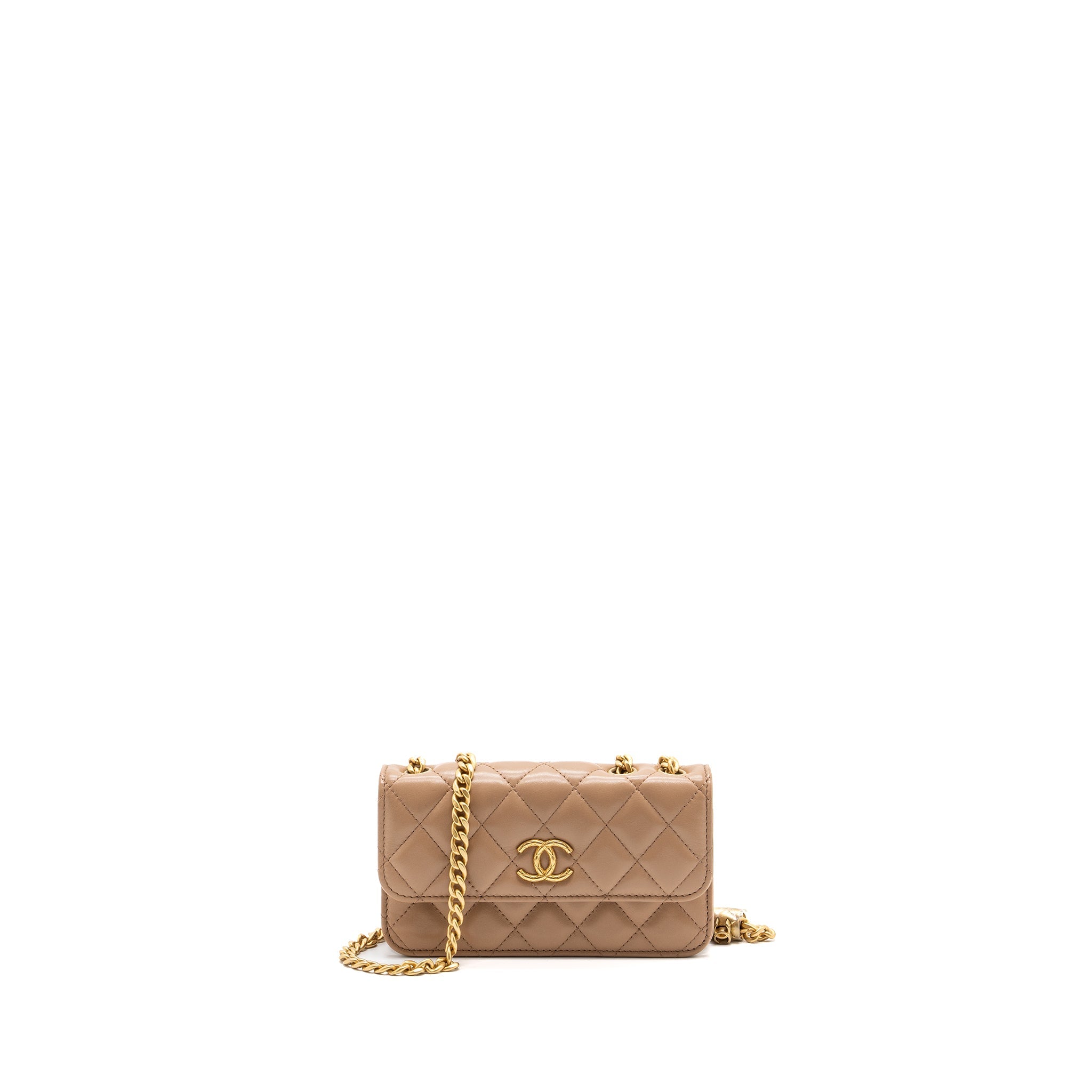 CHANEL 22K GOLD PILLAR MINI FLAP BAG LAMBSKIN DARK BEIGE GHW (MICROCHIP)