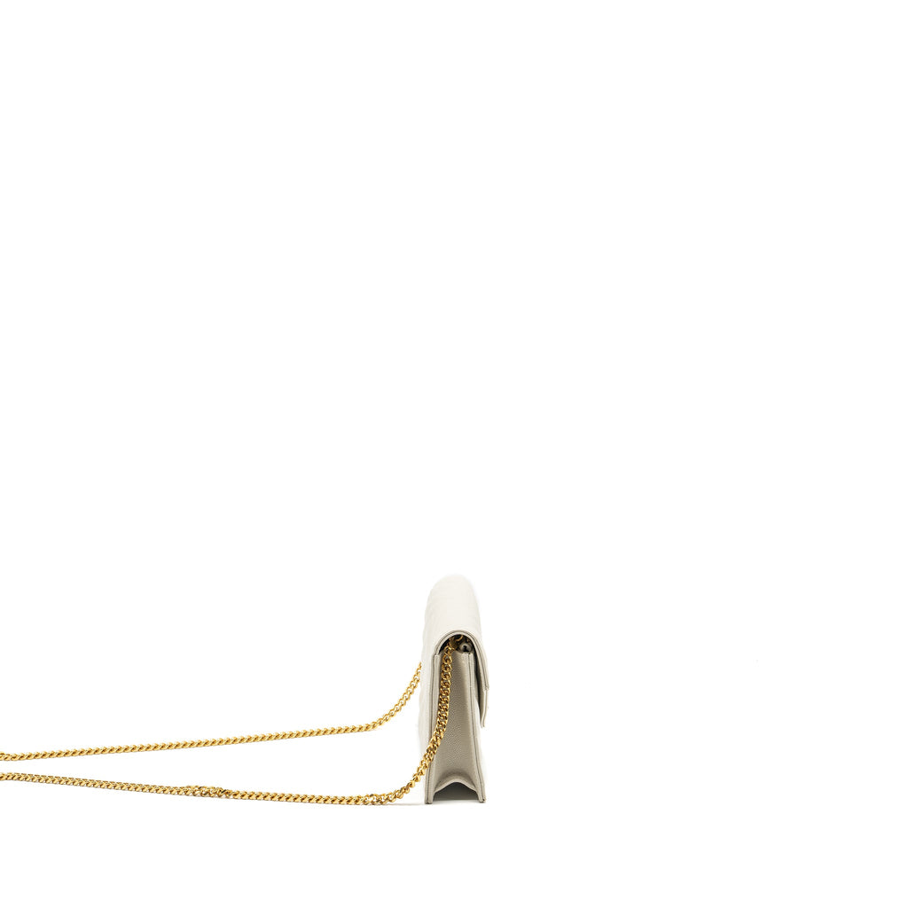 SAINT LAURENT ENVELOPE CHAIN WALLET GRAINED CALFSKIN CREAM SOFT GHW