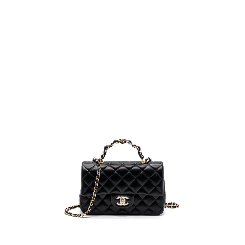 CHANEL 23K LEATHER CHAIN TOP HANDLE MINI RECTANGULAR FLAP BAG LAMBSKIN BLACK LGHW (MICROCHIP)