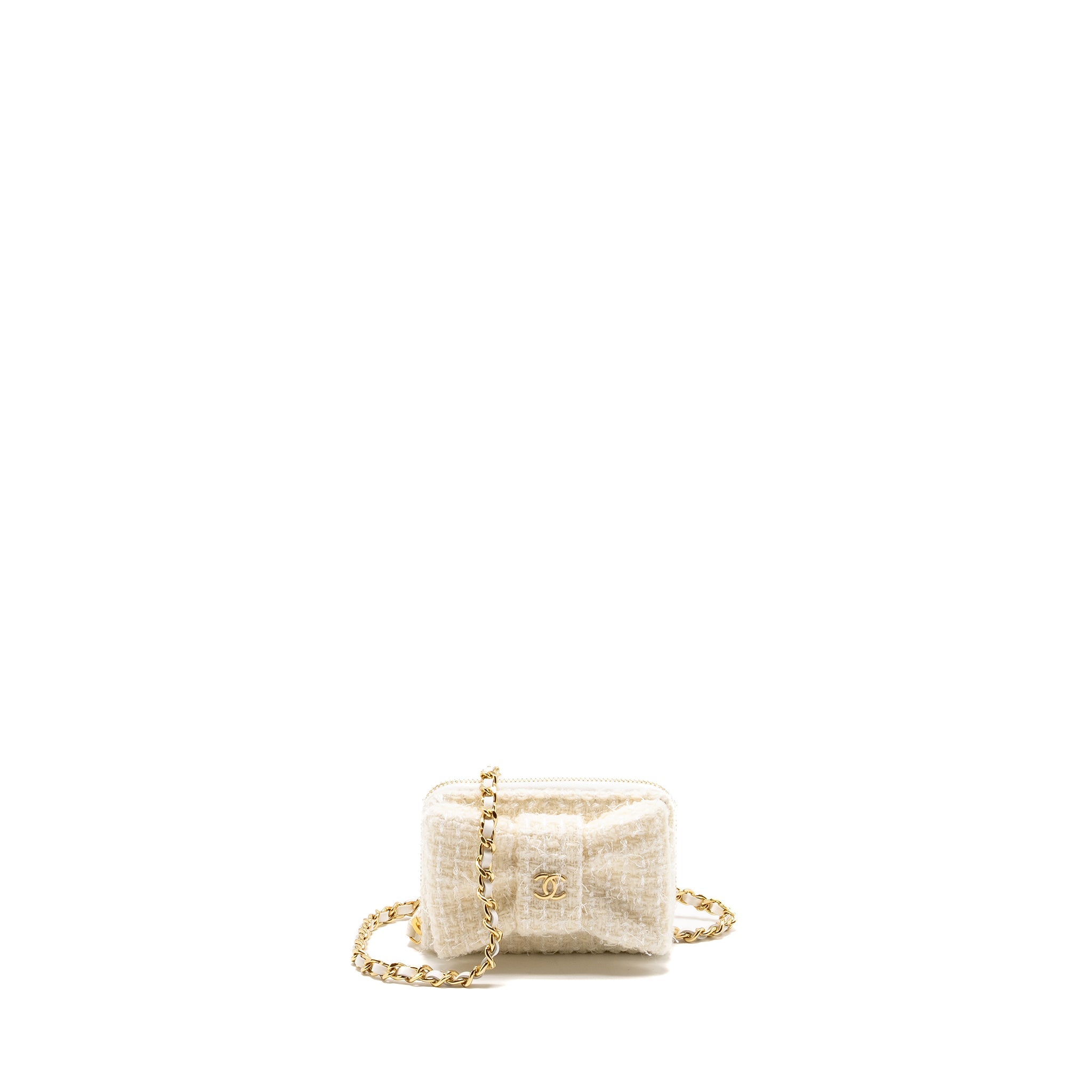 CHANEL MINI BOW CARD HOLDER WITH CHAIN TWEED WHITE LGHW (MICROCHIP)