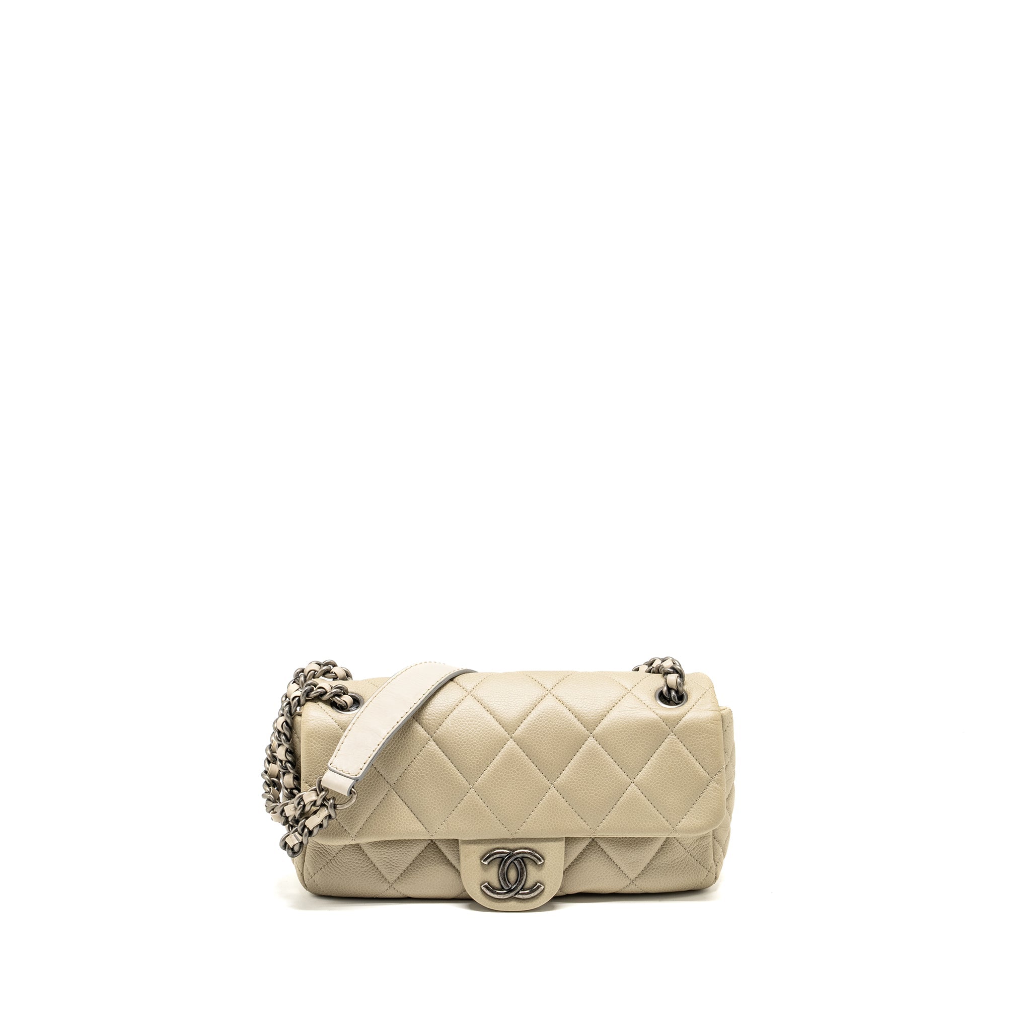 CHANEL QUILTED FLAP SHOULDER BAG CAVIAR LIGHT BEIGE RUTHENIUM SHW