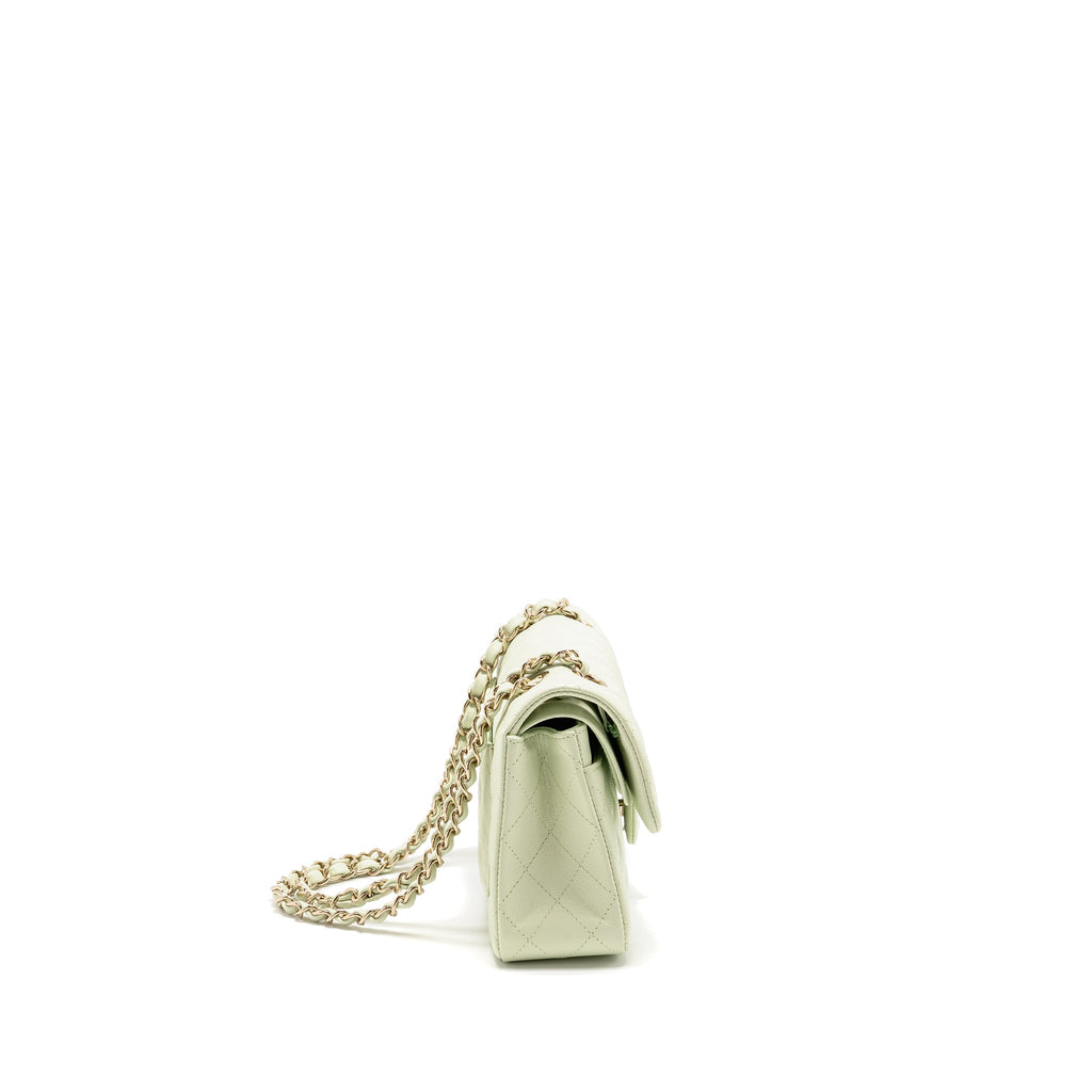 CHANEL SMALL CLASSIC DOUBLE FLAP BAG CAVIAR LIGHT GREEN LGHW (MICROCHIP)