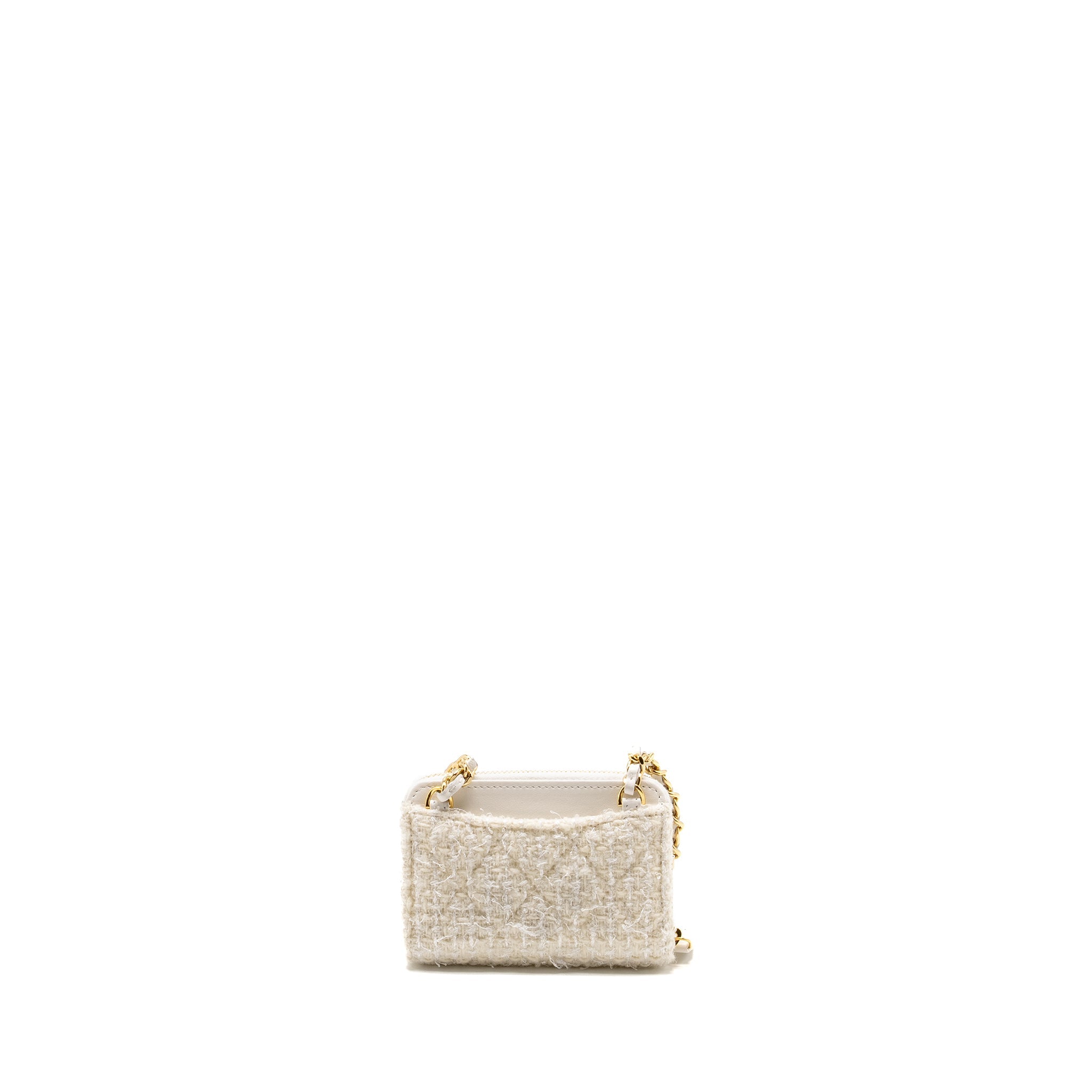CHANEL MINI BOW CARD HOLDER WITH CHAIN TWEED WHITE LGHW (MICROCHIP)