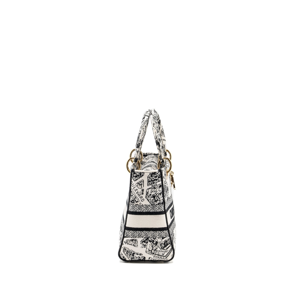 DIOR MEDIUM LADY D-LITE BAG PLAN DE PARIS EMBROIDERY CANVAS BLACK/WHITE LGHW