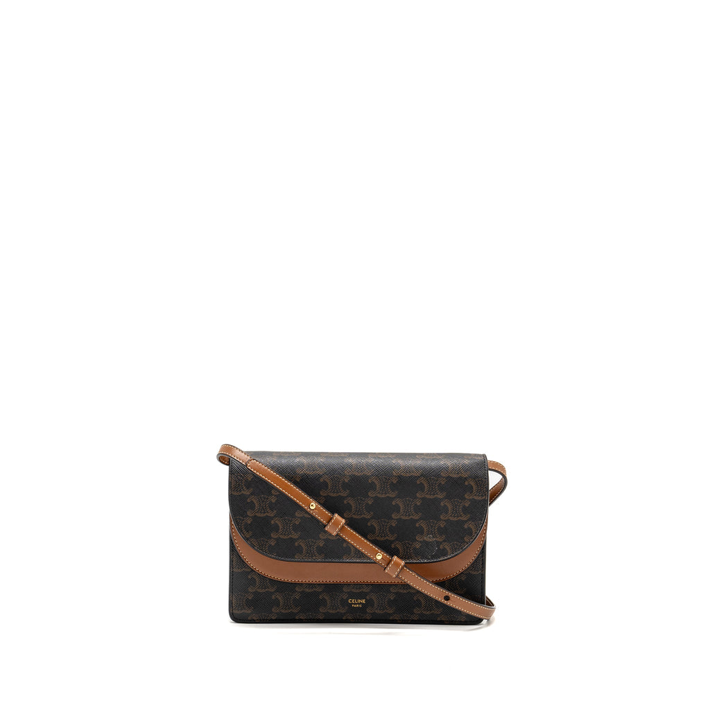 CELINE WALLET ON STRAP TRIOMPHE CANVAS/LAMBSKIN TAN GHW
