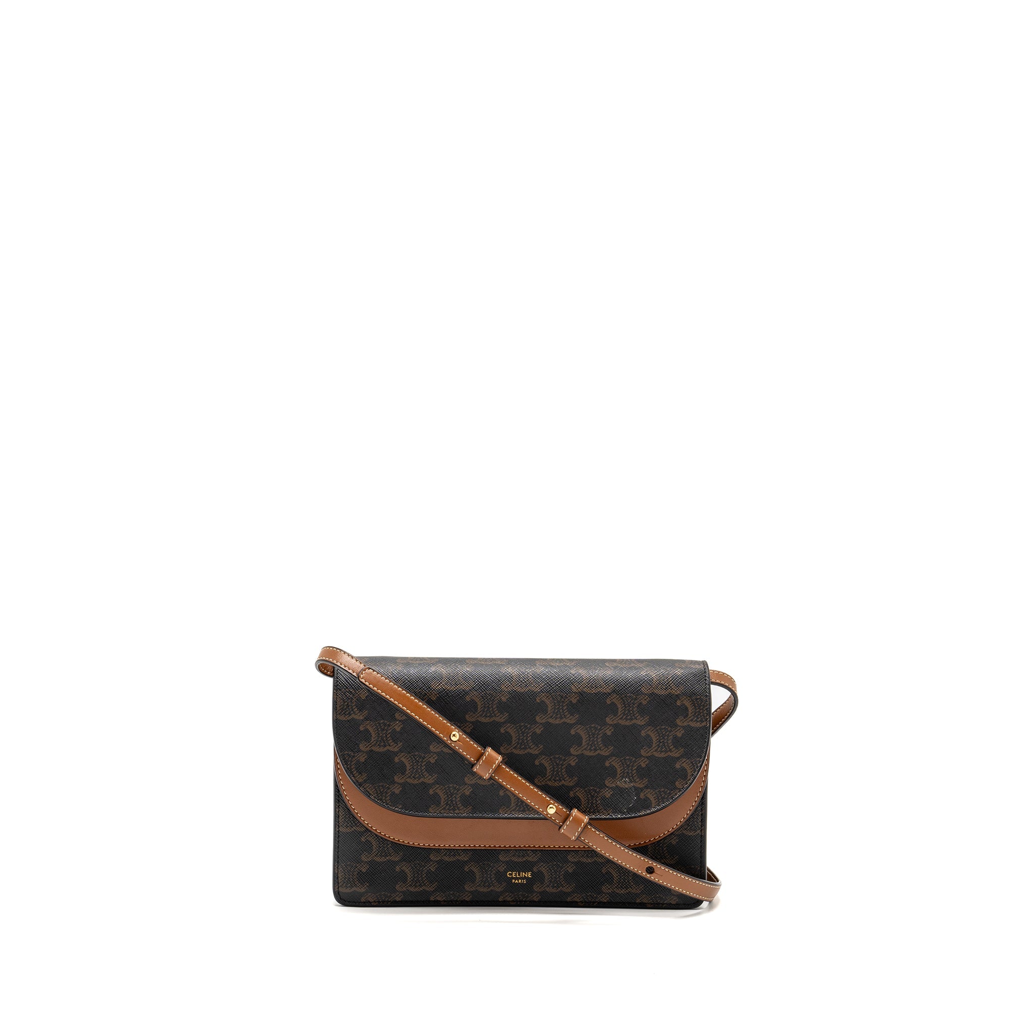 CELINE WALLET ON STRAP TRIOMPHE CANVAS/LAMBSKIN TAN GHW