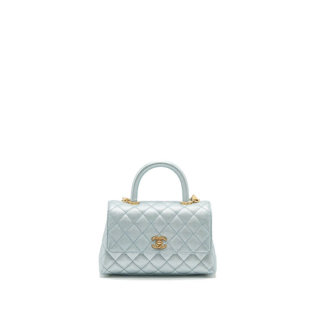 CHANEL SMALL COCO HANDLE CAVIAR METALLIC LIGHT BLUE BRUSHED GHW (MICROCHIP)
