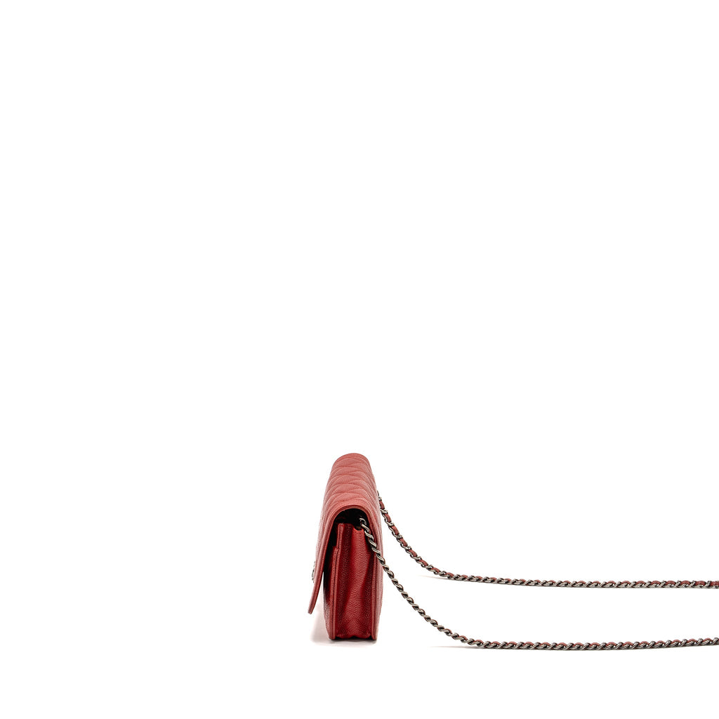 CHANEL BOY WALLET ON CHAIN CAVIAR RED RUTHENIUM SILVER HARDWARE