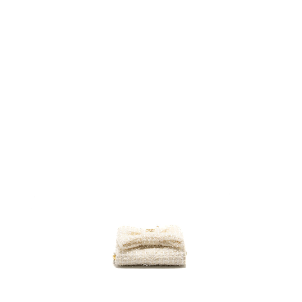CHANEL MINI BOW CARD HOLDER WITH CHAIN TWEED WHITE LGHW (MICROCHIP)