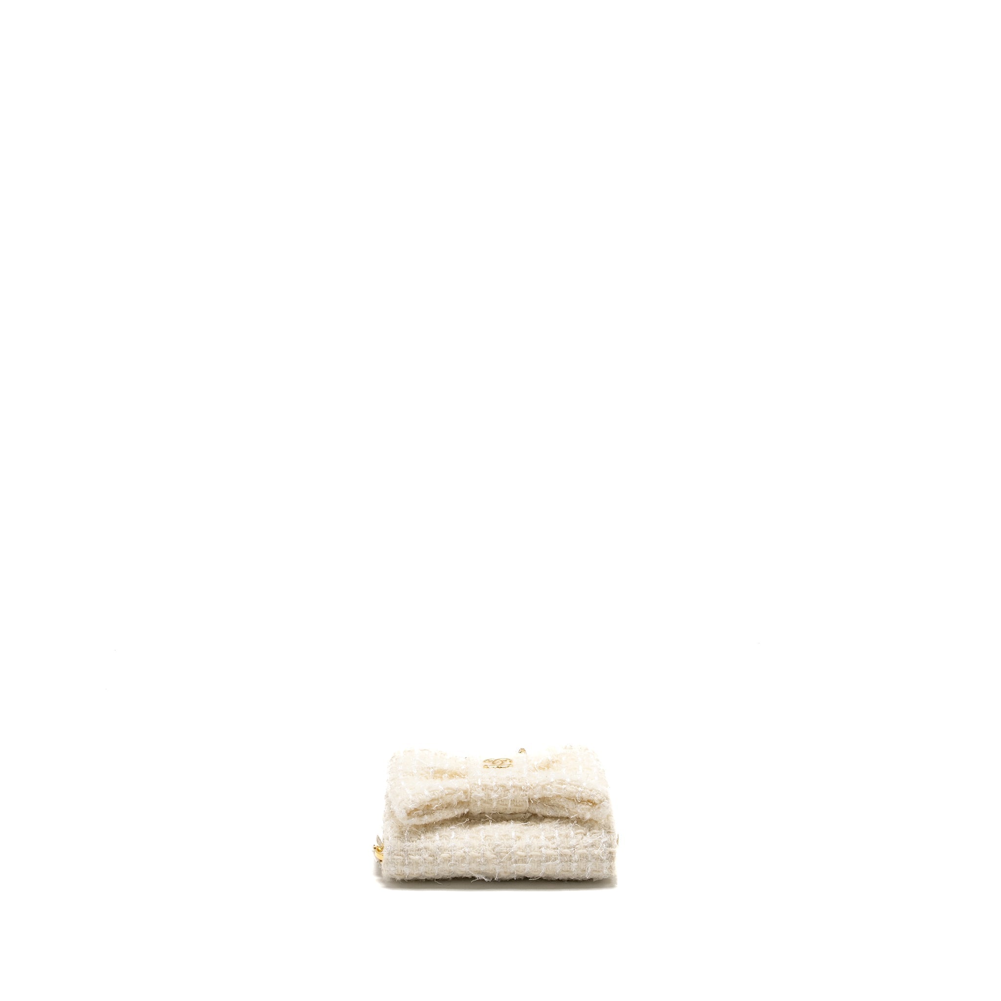 CHANEL MINI BOW CARD HOLDER WITH CHAIN TWEED WHITE LGHW (MICROCHIP)