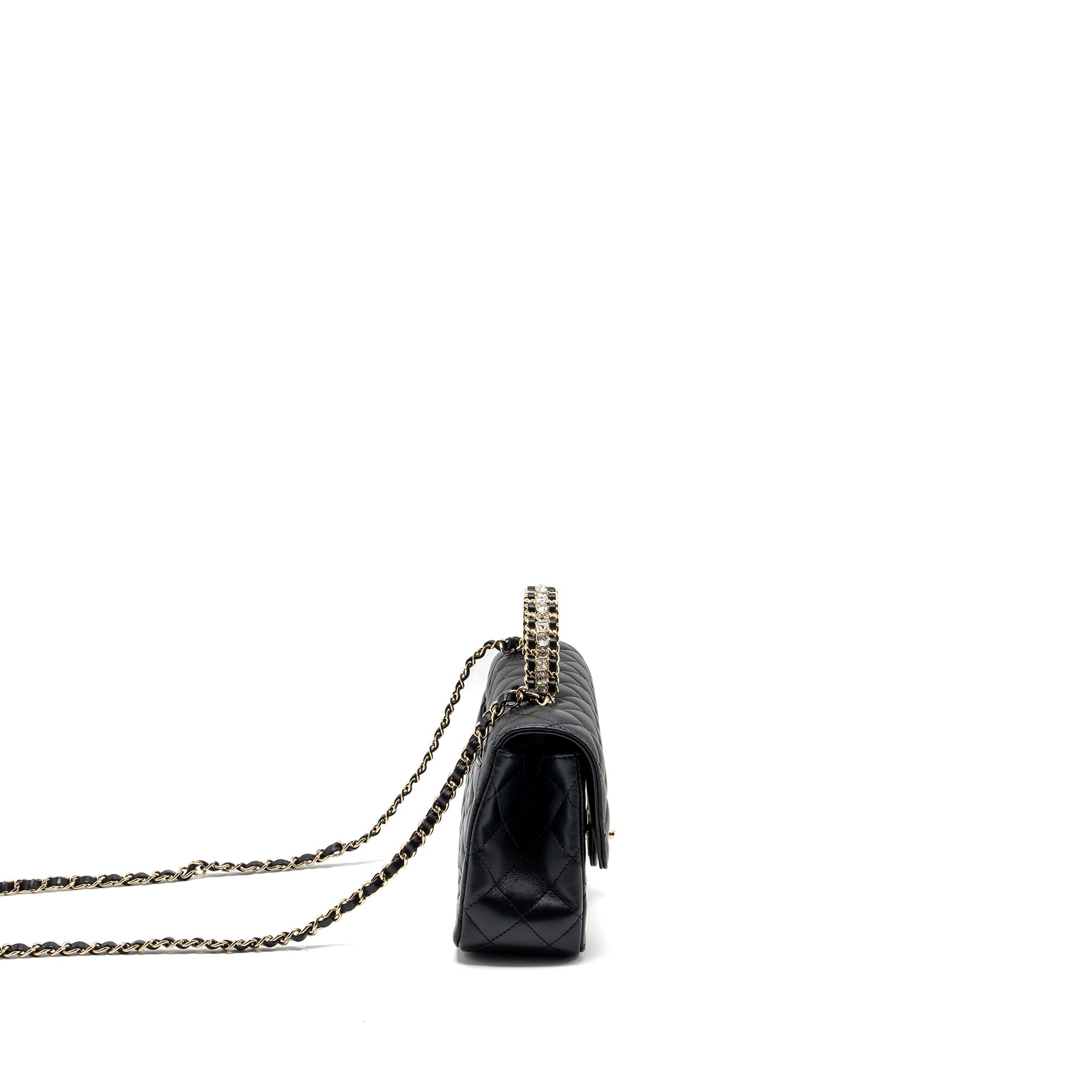 CHANEL CRYSTAL DETAILED TOP HANDLE FLAP BAG LAMBSKIN BLACK GHW (MICROCHIP)