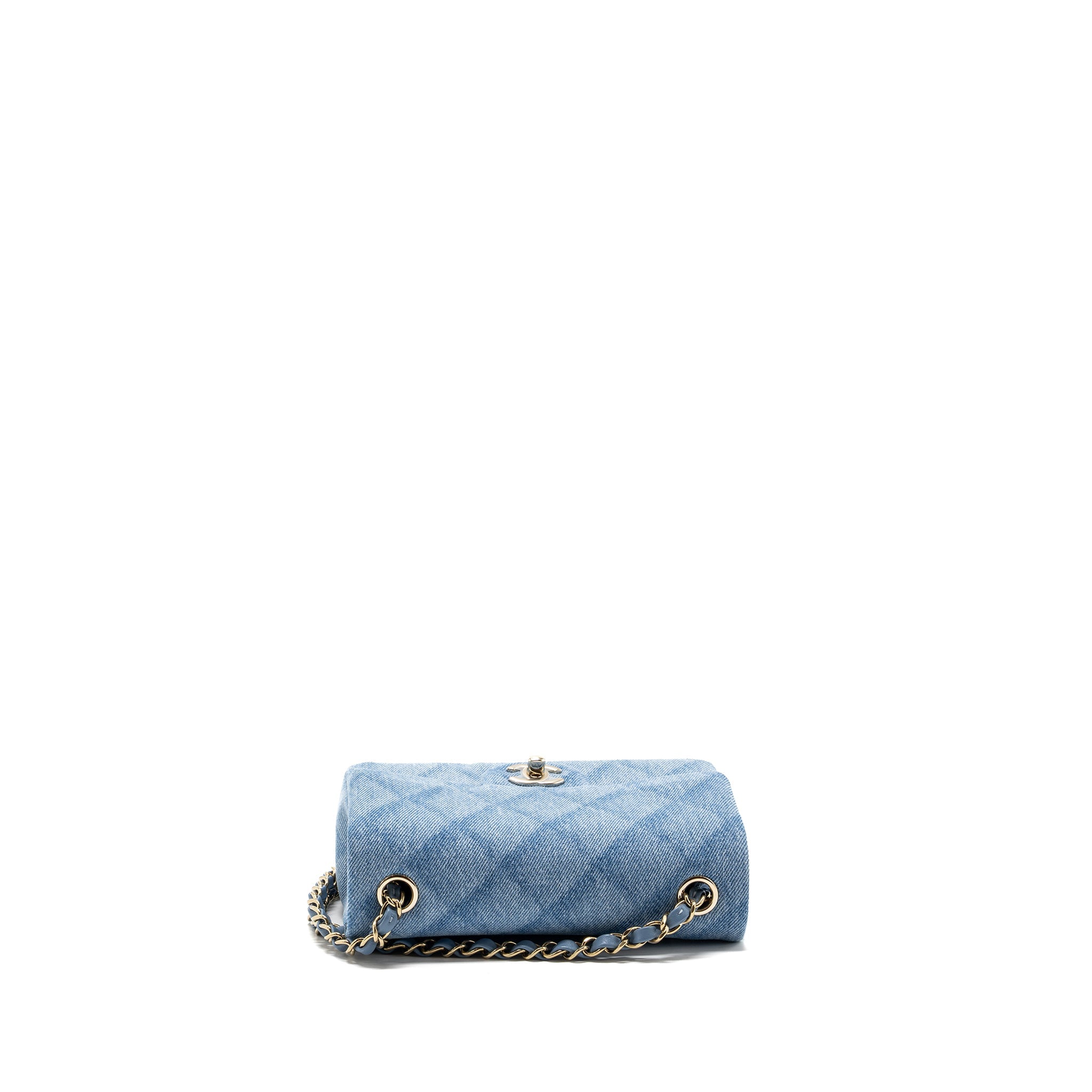 CHANEL 22B MINI RECTANGULAR FLAP BAG DENIM LIGHT BLUE LGHW (MICROCHIP)