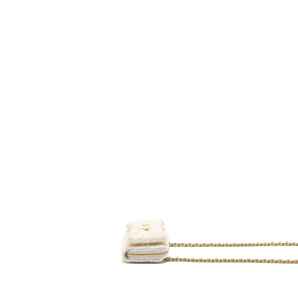 CHANEL MINI BOW CARD HOLDER WITH CHAIN TWEED WHITE LGHW (MICROCHIP)