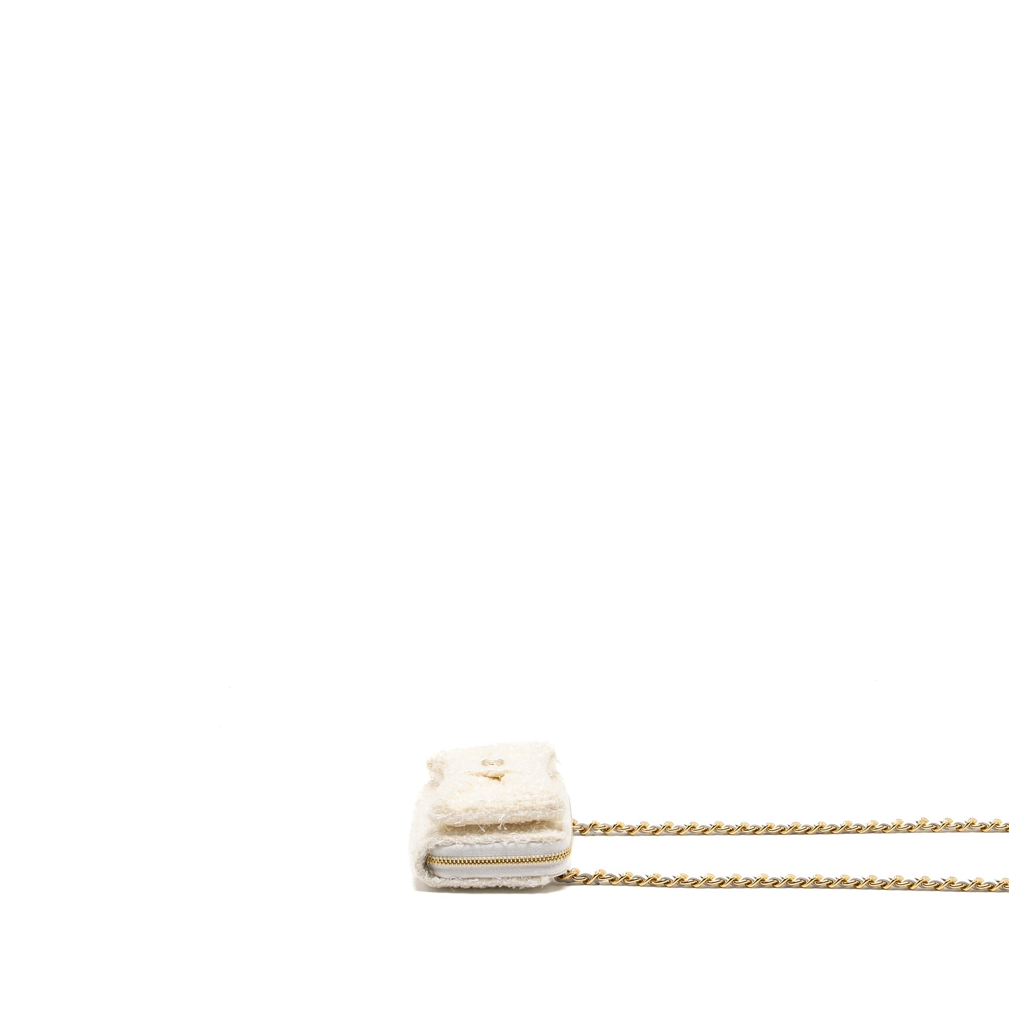 CHANEL MINI BOW CARD HOLDER WITH CHAIN TWEED WHITE LGHW (MICROCHIP)